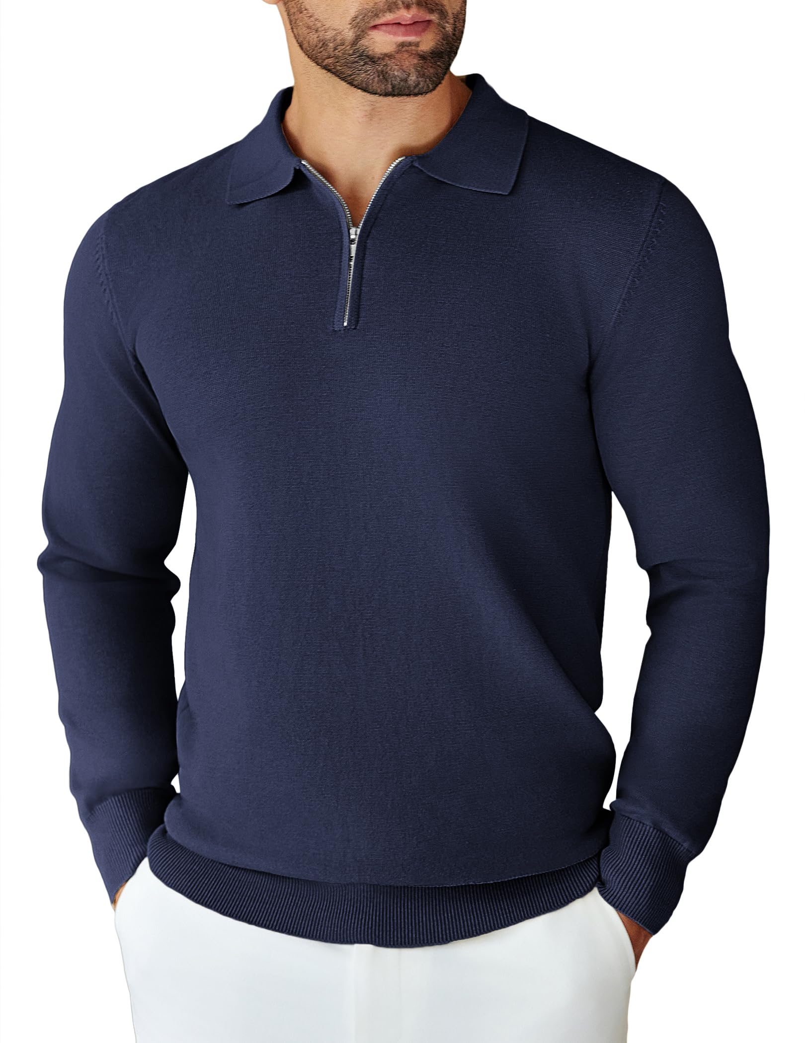 COOFANDY Herren Strickpullover Polokragen Half Zip Pullover mit Reißverschluss Einfarbig Polo Sweater Winter Warm Langarm für Business Freizeit