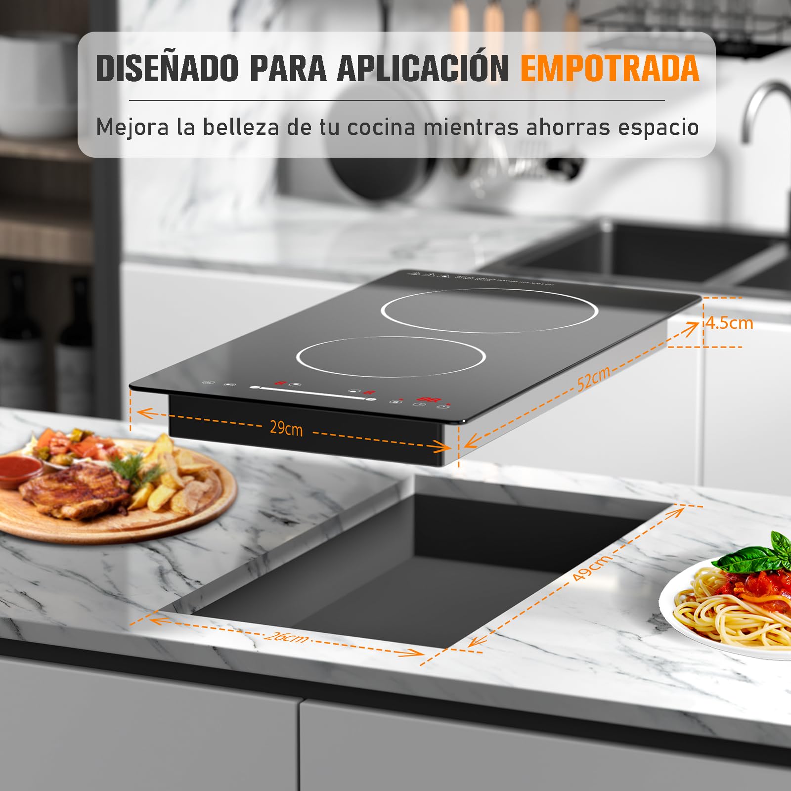 Placa Vitroceramica 2 Fuegos 30cm, 3000W Placas Cocina Construido con Enchufe, Placa Vitrocerámica con 9 Posiciones de Calor, Bloqueo de Seguridad, Cronómetro, Mandos Táctiles