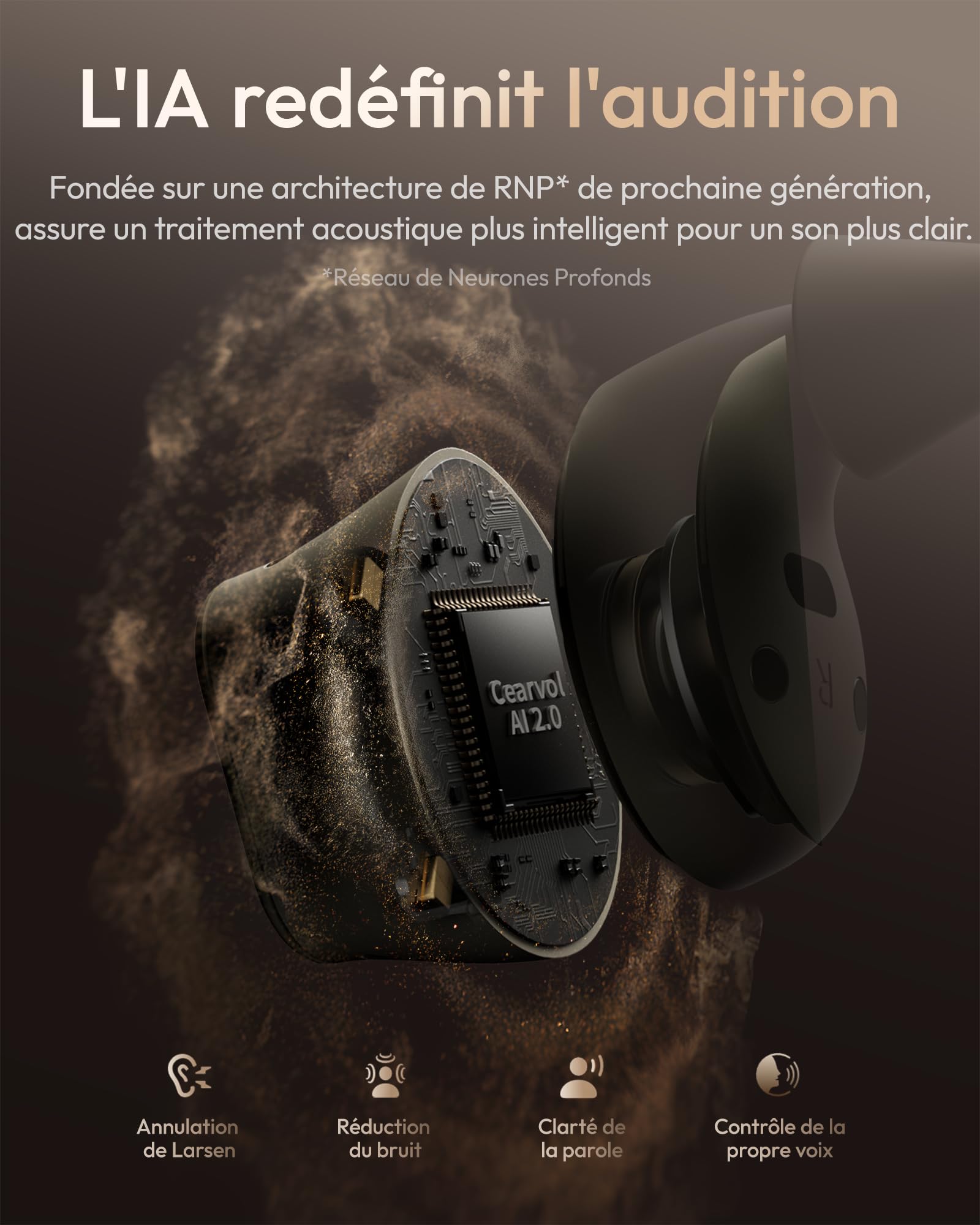 Wave Lite Amplificateur Sonore–Rechargeable, Bluetooth, Contrôle via application, Réduction du larsen, Entrée AUX, pour les personnes âgées, Lumière stellaire