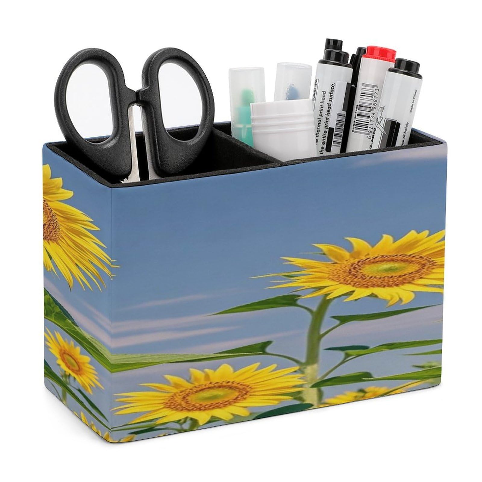 LZQPOEAS Sunflower Beauty Leather Pen Holder Square Pencil Holder Multi-Functional Desk Organizer Modern Pen Cup Pencil Cup Minimalist Desktop Stationery Organizer for Desk Office Home