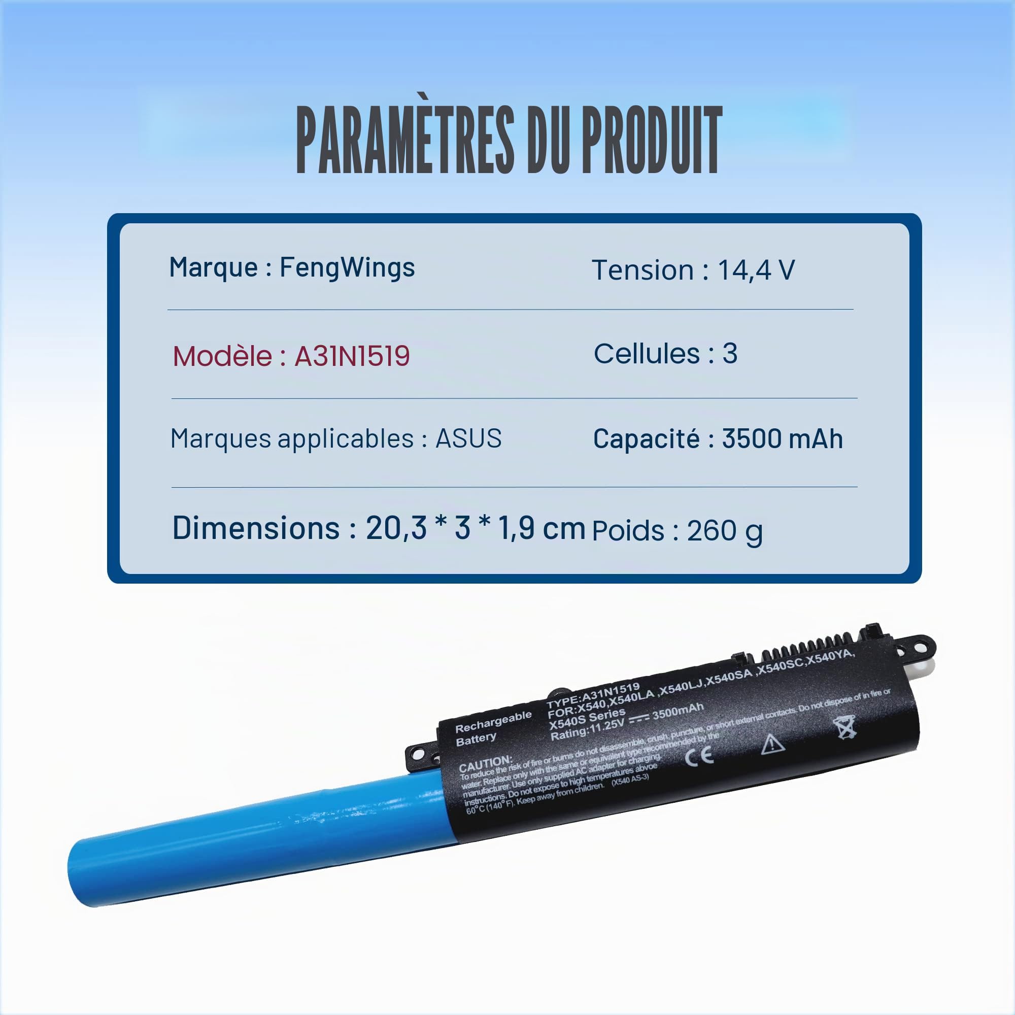 11.25V 3500mAh A31N1519 Batterie, Remplacer pour Batterie ASUS R540l / Batterie ASUS X540L, ASUS X540 X540LA X540LJ X540SA X540YA X540S F540 F540L F540LA F540S F540Y R540
