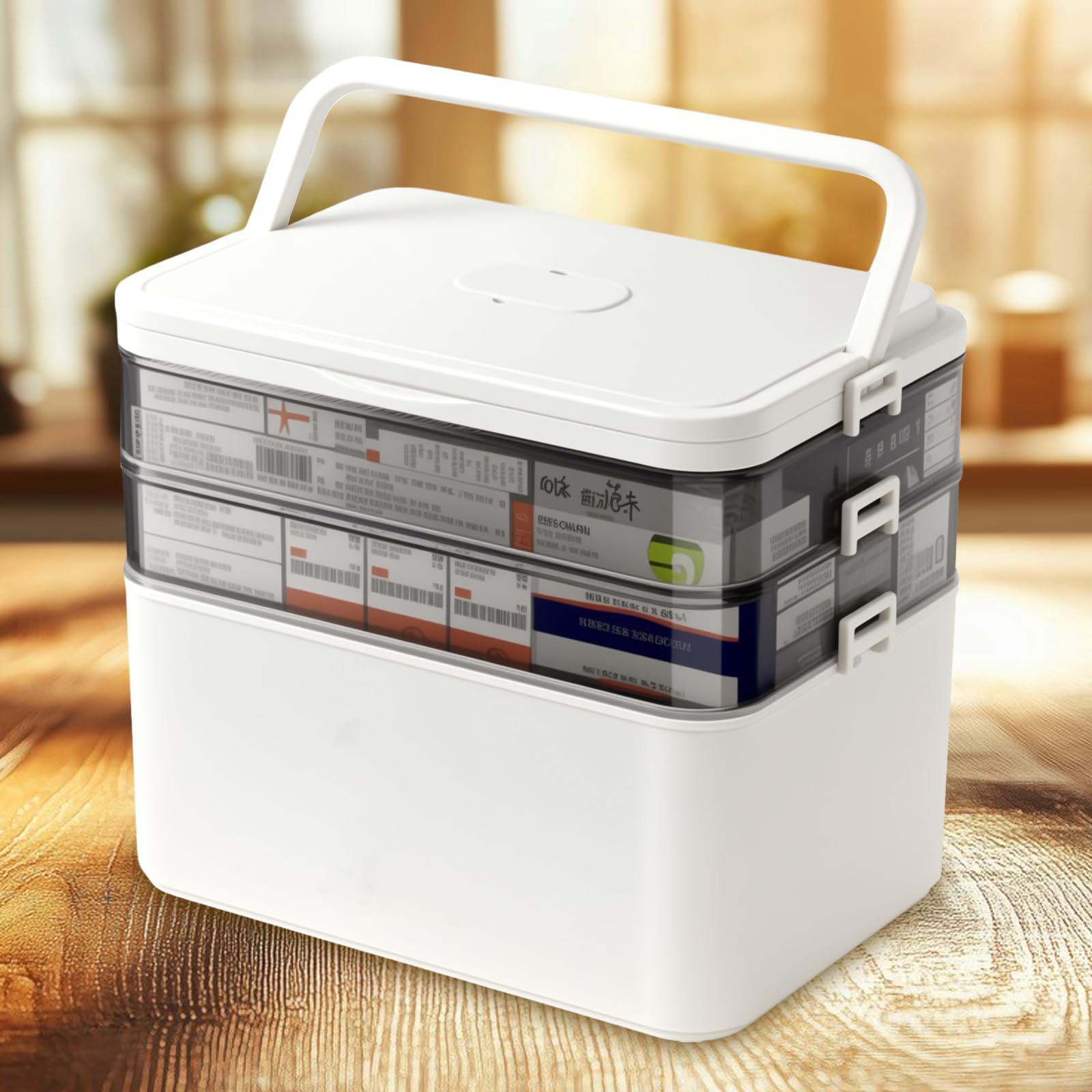 3 niveles de almacenamiento para medicamentos, maletín de medicamentos, caja de almacenamiento con tapa, caja de emergencia familiar, caja de medicamentos con asa portátil, 31 × 16,5 × 25,5