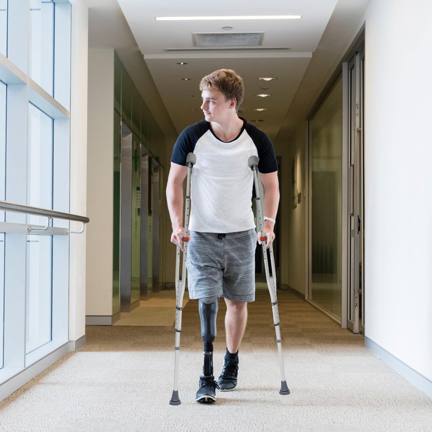 Endynino 1 Pair Adjustable Crutches for Adults, Teenagers, Lightweight Aluminum Crutches w/Comfortable Underarm Pads & Rubber Handle & Non-skid Feet for Walking
