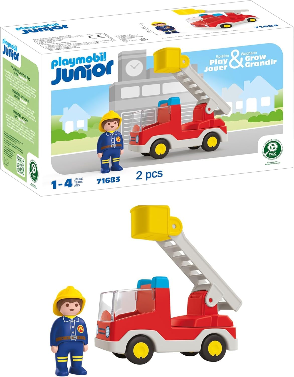 PLAYMOBIL JUNIOR | Feuerwehrleiterfahrzeug | nachhaltiges Spielzeug für Kinder ab 1 Jahr | inkl. drehbarer Leiter und Feuerwehrmann | 71683