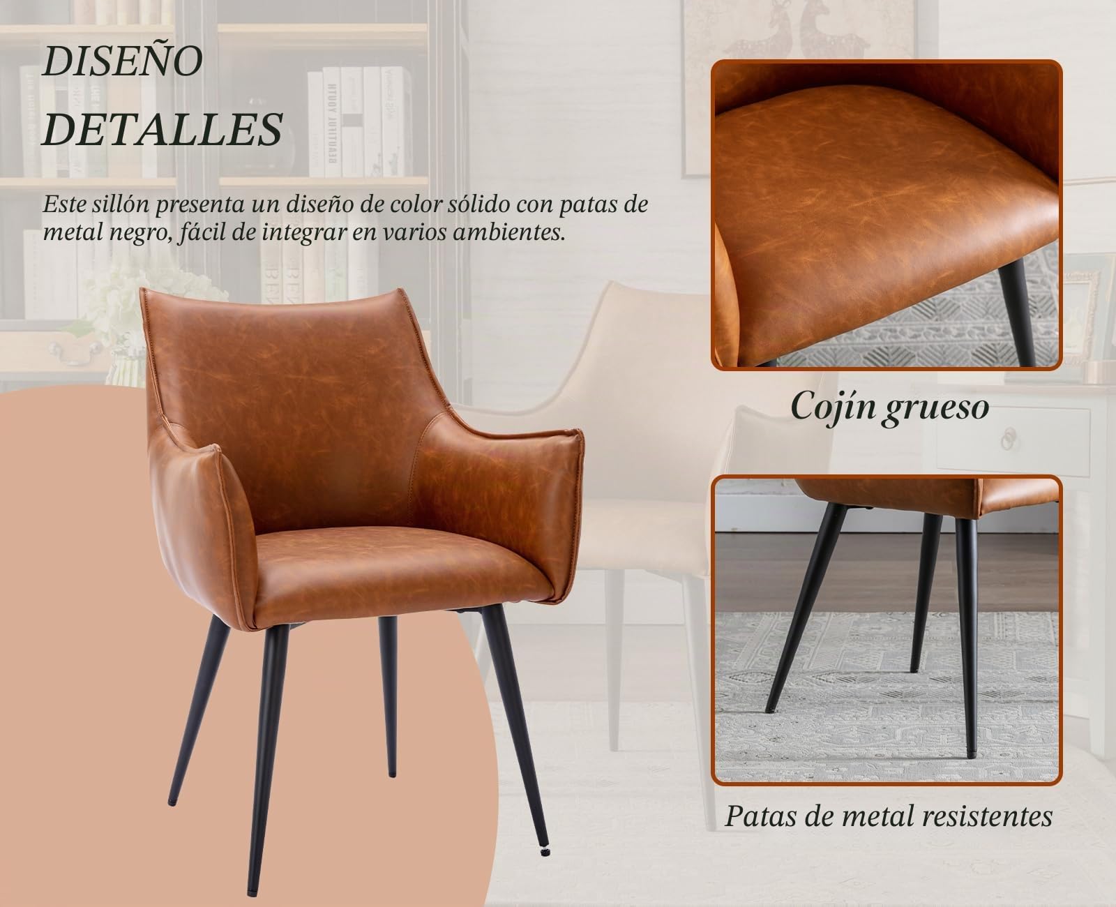 Ya-Home Sillon Lectura Individual de Cuero con Apoyabrazos, Butacas de Salón con Cojin Grueso y Patas de Metal, Silla de Salón para Hogar/Cocina/Cafe,Marrón