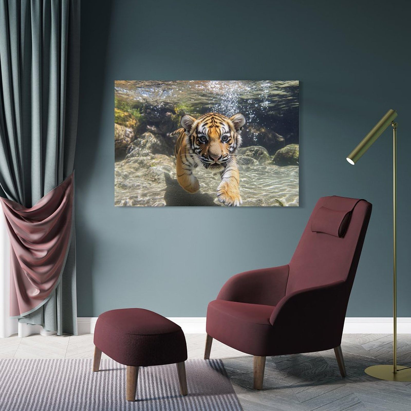 Junmoney Canvas Wall Art Tiger Cub Underwater Portrait, 20x30inch(50x75cm), for Bedroom, Guest Room Or Reading Nook, Canvas Wall Decor for Personal Spaces