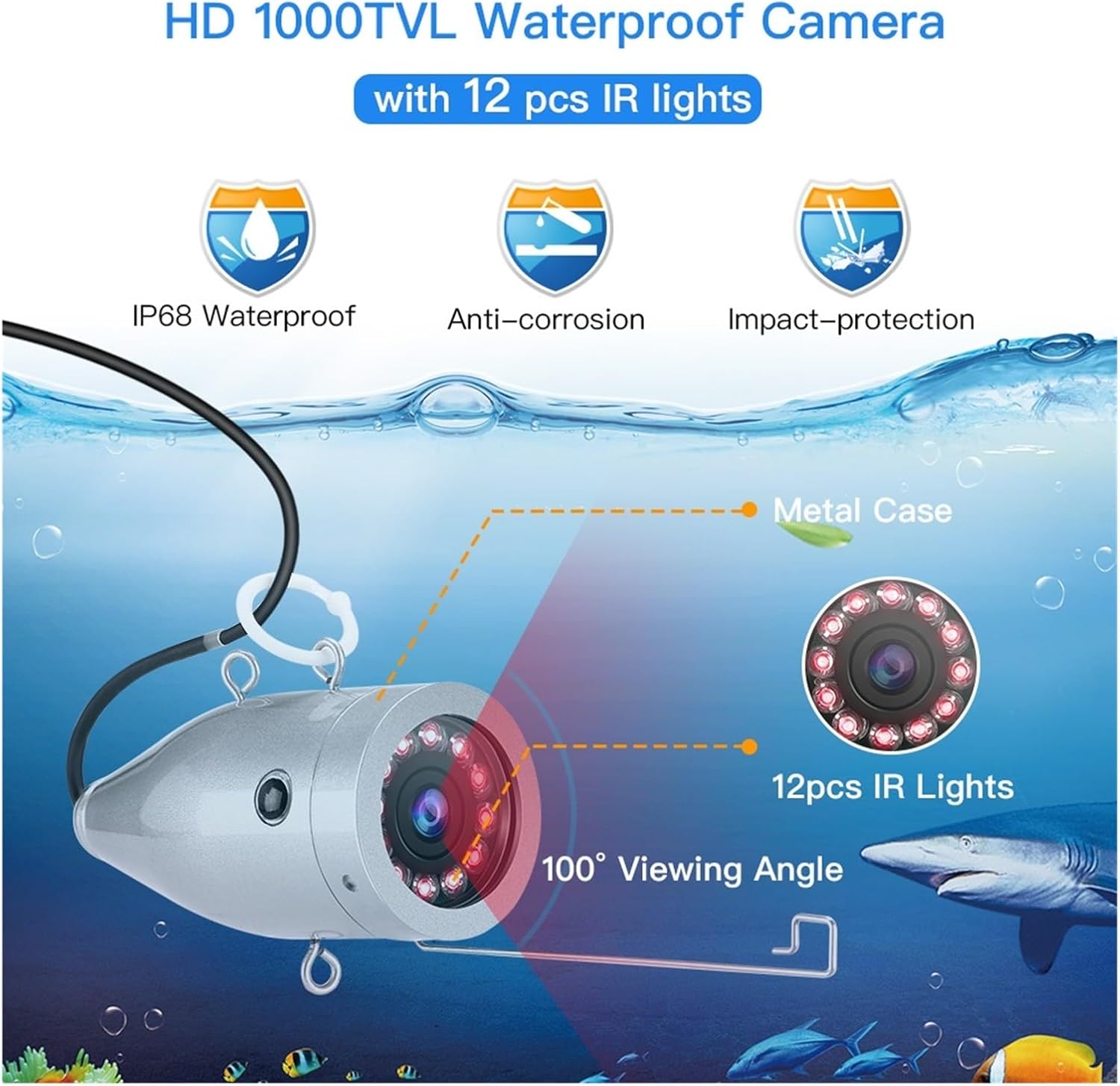 水中釣りカメラ、7インチLCDモニター1000TVL防水魚群探知機カメラ165° 水中釣りカメラ、7インチLCDモニター1000TVL防水魚群探知機