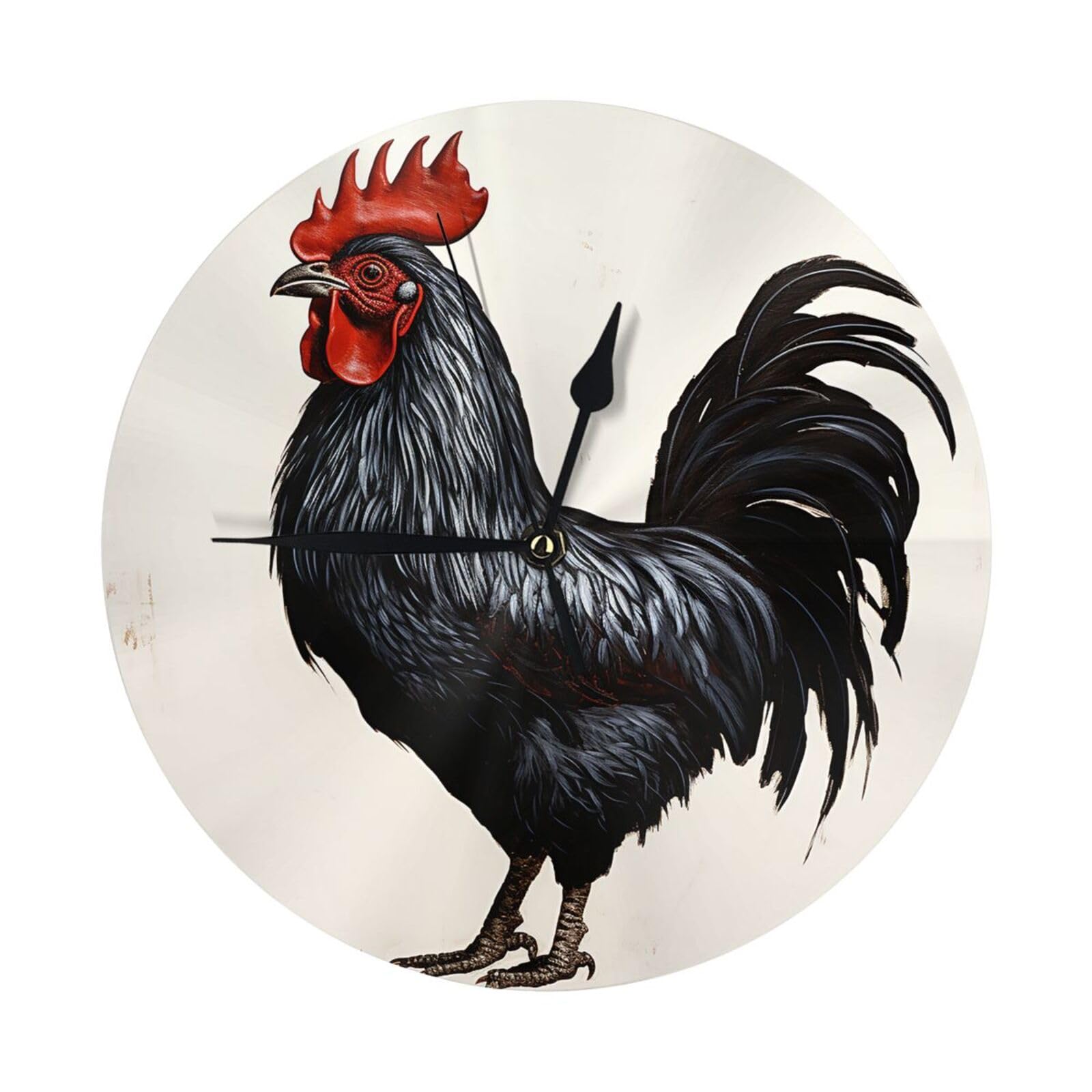 FodPand Black Rooster Wall Clock - 10 Inch Silent Non-Ticking Modern Wall Clocks Battery Operated - Classic Simple Minimalist Analog Round Decorative Clock for Kitchen, Home, Office