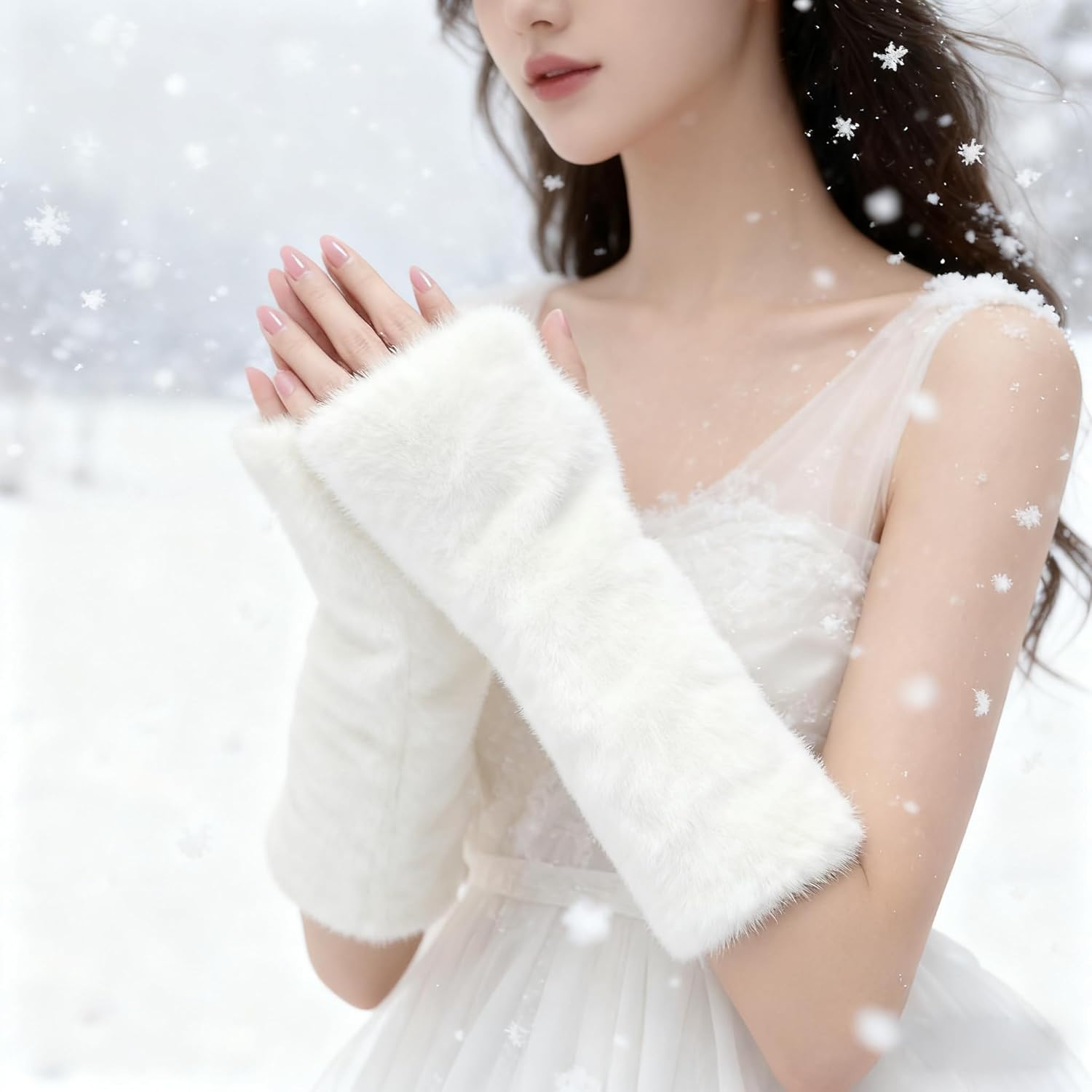 Fur Arm Warmers, White Furry Fingerless Gloves Women, Long Fuzzy Gloves for Wrist for Arm Warmth - Image 6