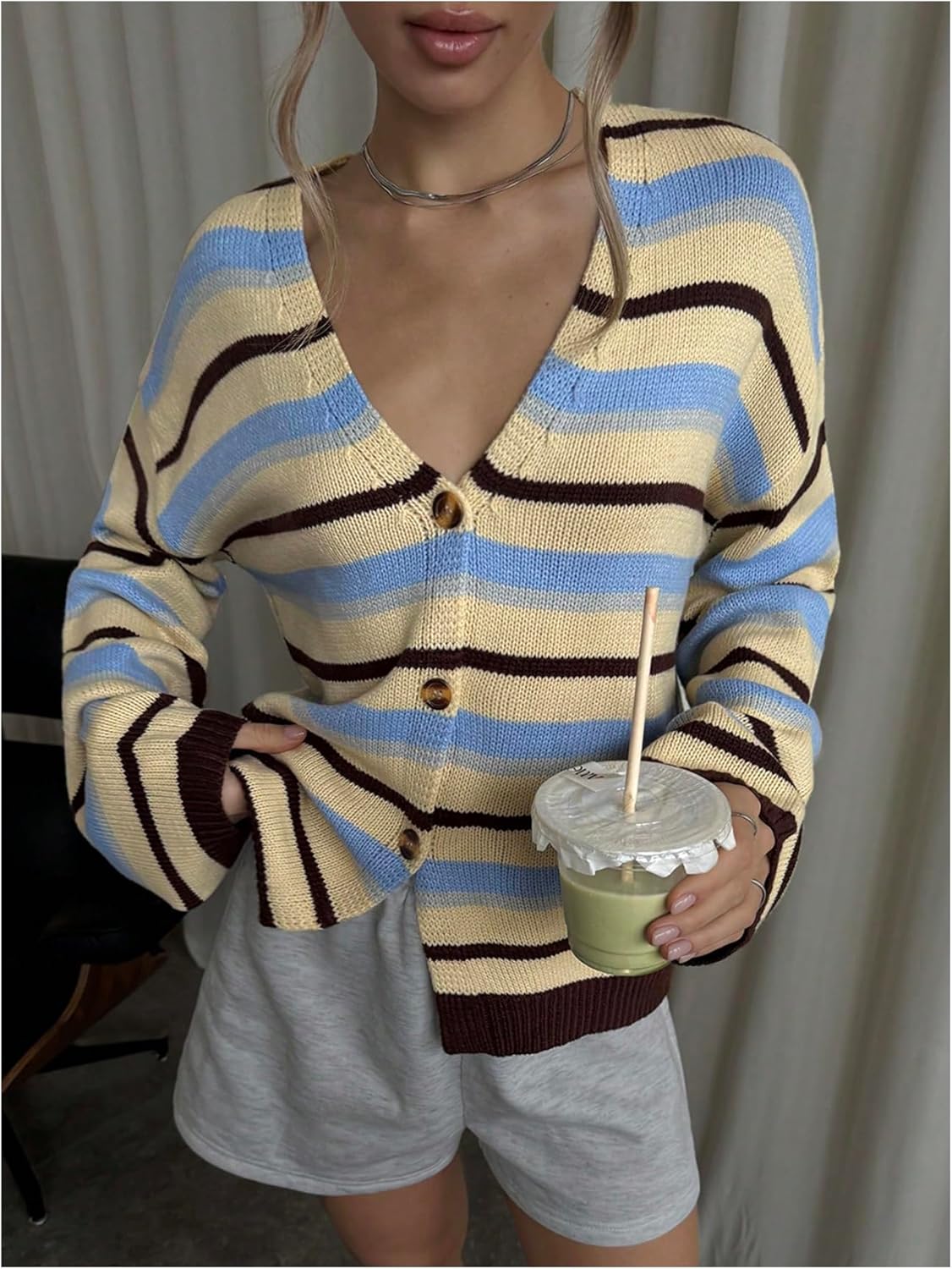 MakeMeChic Women's Striped Cardigan Sweater Button Down V Neck Long Sleeve Outerwear - Image 4