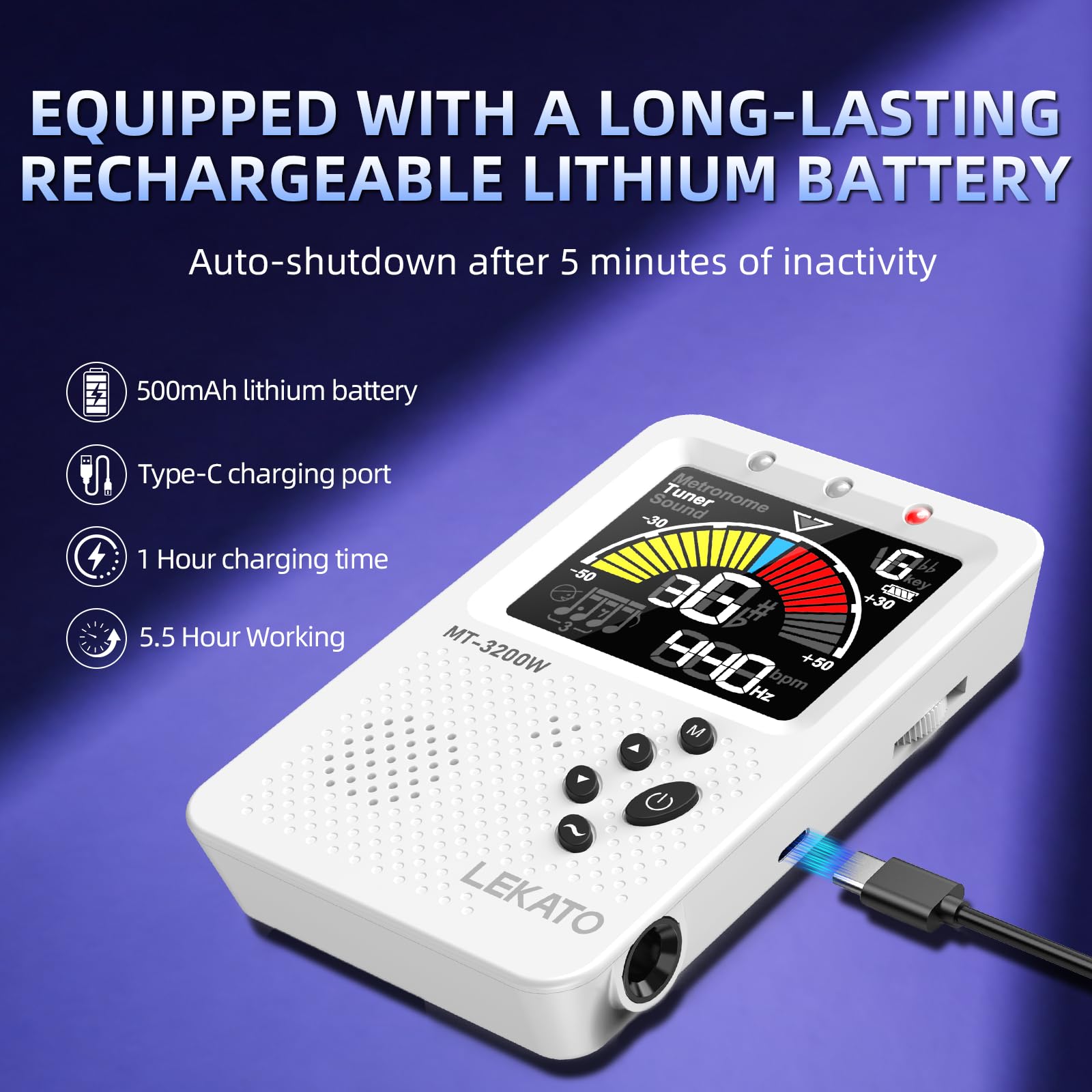 LEKATO Accordeur métronome numérique rechargeable 3 en 1 avec battement vocal humain pour tous les instruments – Guitare, basse, violon, ukulélé, accordeur multifonction chromatique (blanc)