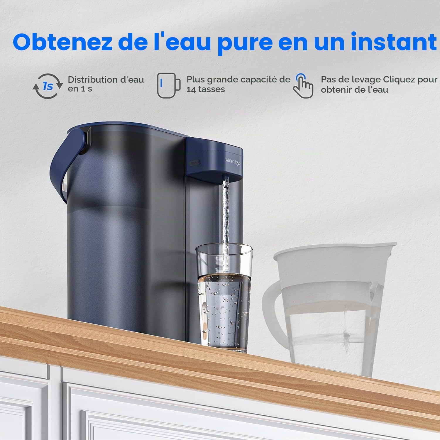 Waterdrop Carafe Filtrante Électrique Instantanée pour Réfrigérateur avec Filtre de 3 Mois, Système de Filtre à Eau de Comptoir, Réduit le Chlore, Plomb, Mercure, Réduit les PFAS, 757 Litres, Bleu