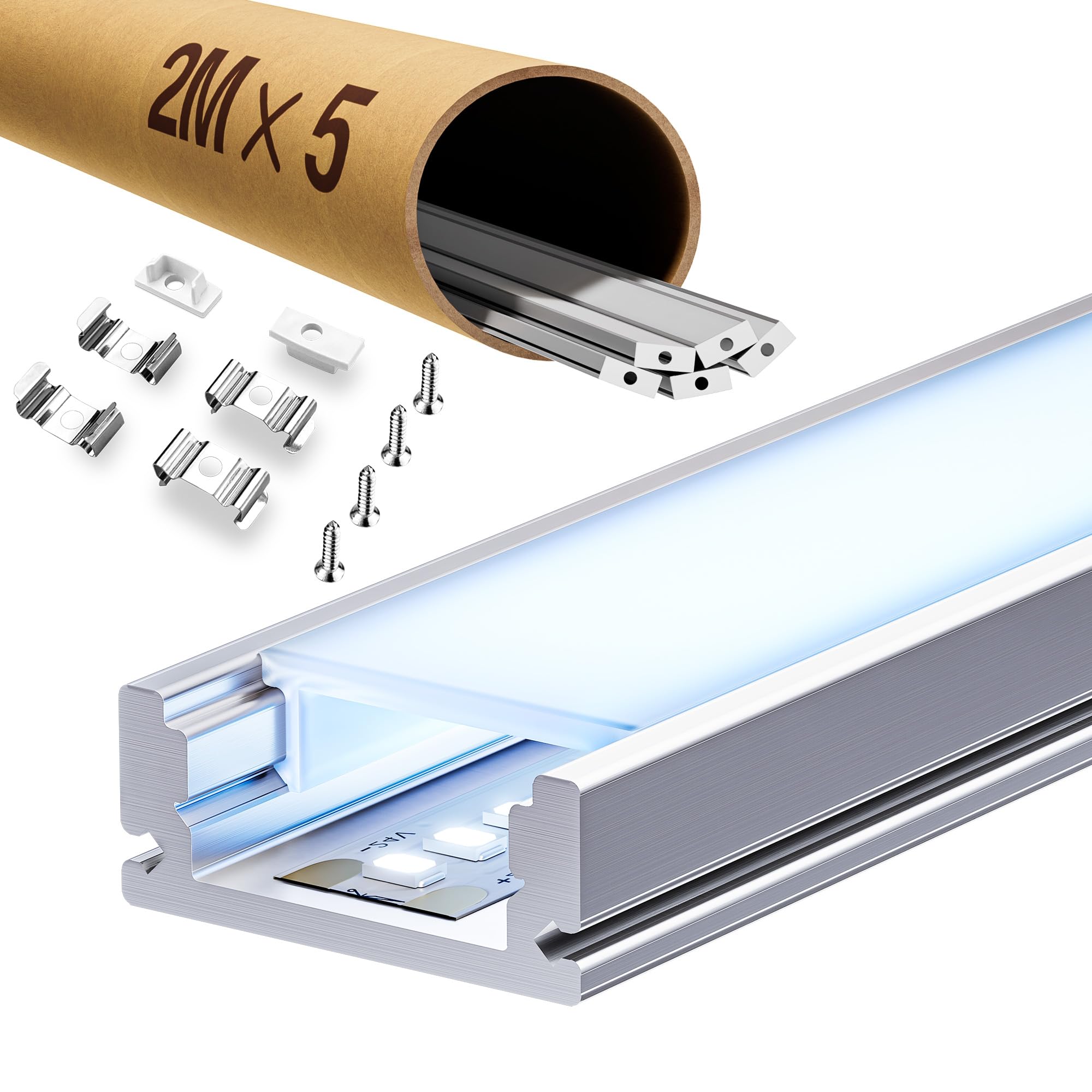 5 x LED Profil für Streifen 2 m (10 m), LED Schiene Aluminium für Trockenbau, geeignet für LED Stripes bis 12 mm Breite, Maße: 17.4 x 7 mm, Einbau für Fliesen, Gipskarton, Holzpaneele