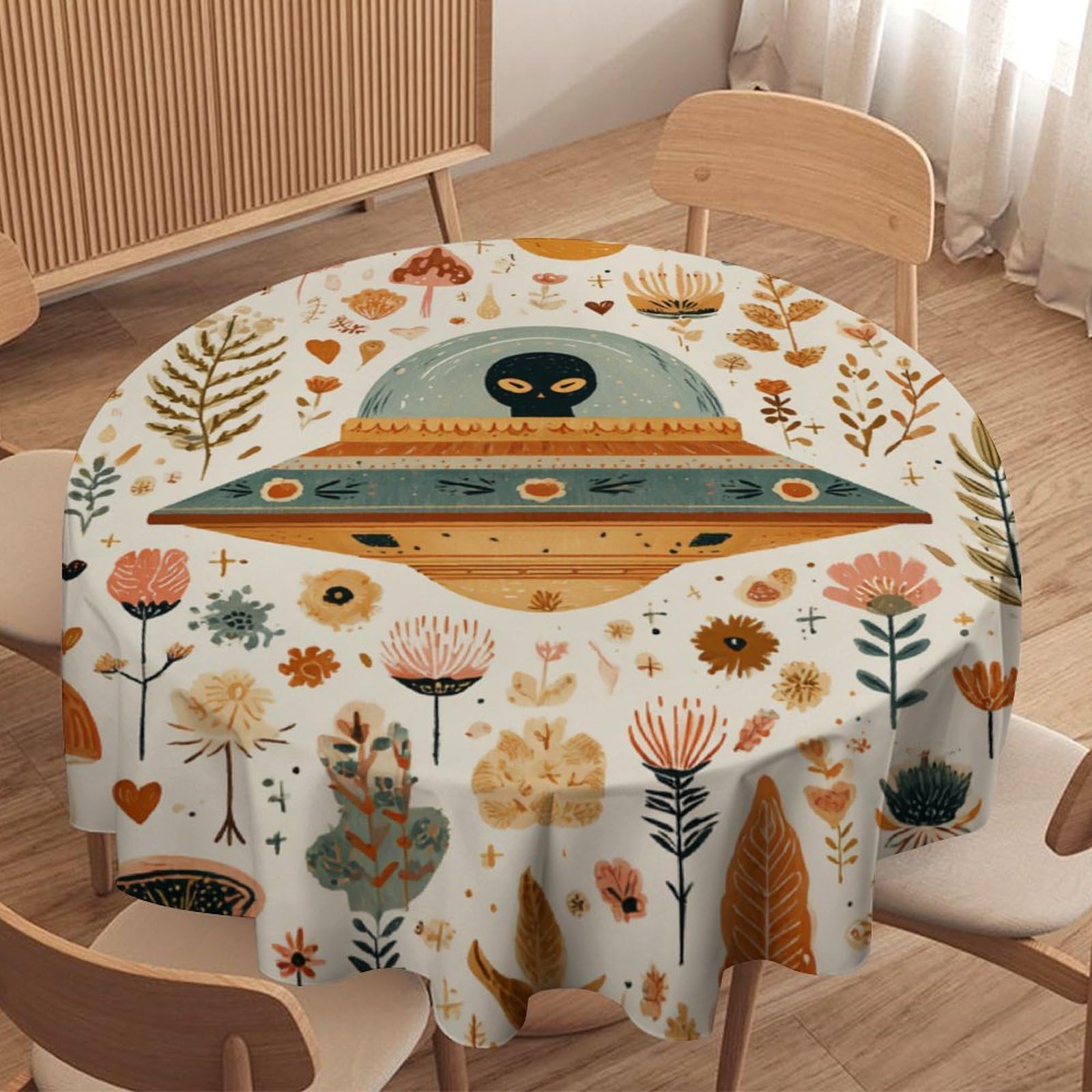 LUYYSKY Rustic Cute Alien Spaceship Waterproof Round Tablecloth Vintage Funny Moon Botanical Plants Mushroom Flowers Washable Table Cover for Kitchen-177.8" Wx177.8 L cm