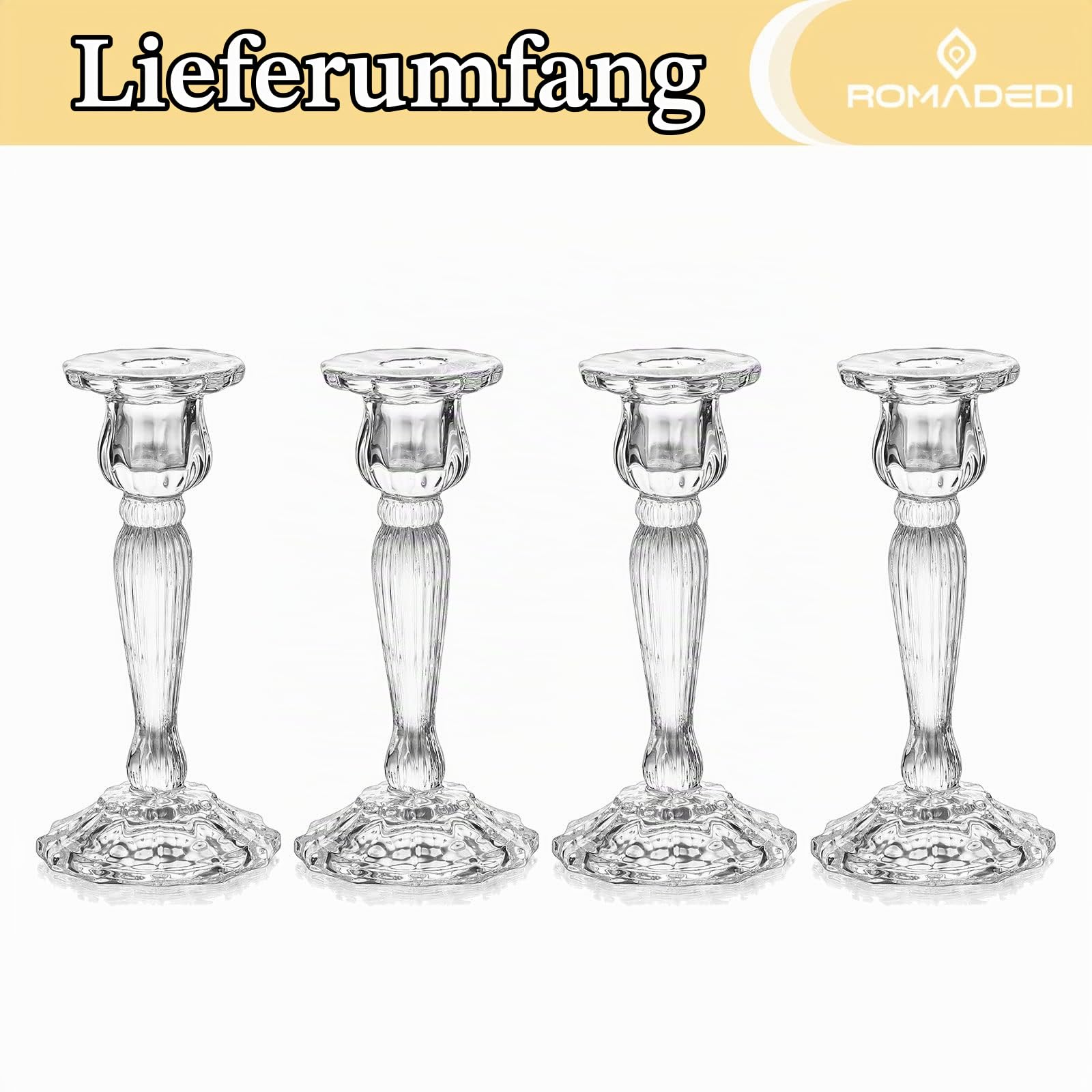Romadedi Kerzenständer Glas für Stabkerzen, 4er-Pack, 18 cm