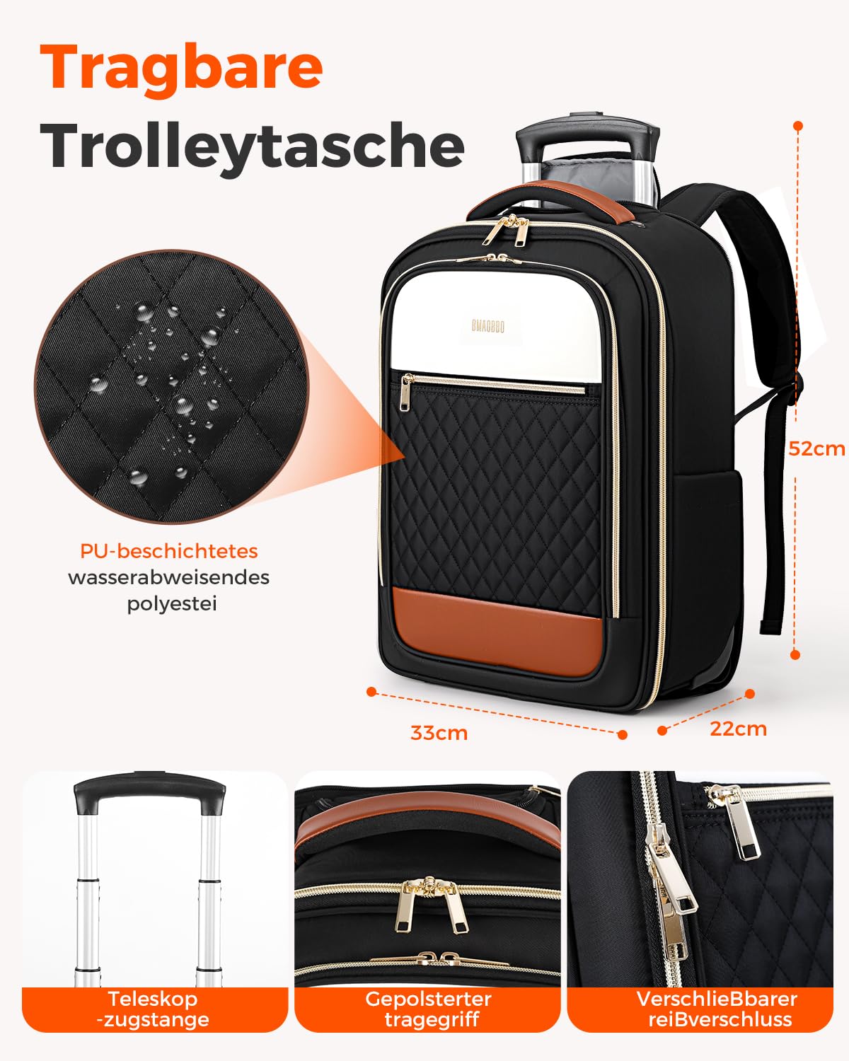 Rucksack mit Rollen Damen 17 Zoll Laptop, 2 in 1 Rucksack Trolley, Leichter Reise Laptop Trolley (52x33x20 cm),180 Grad Offnung, wasserabweisend, 35 Liter Fassungsvermogen