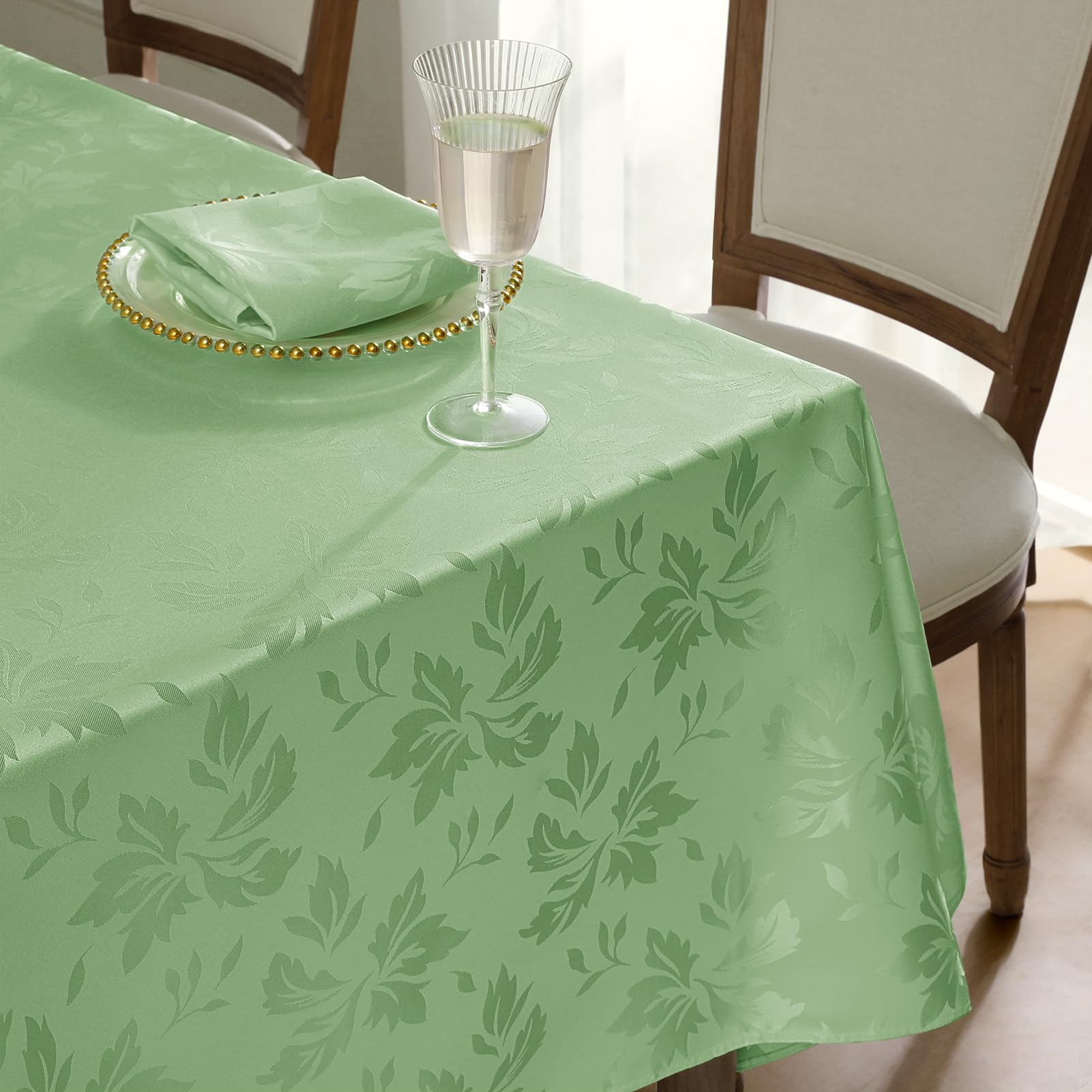 Romanstile easter Table Cloth Green rectangle Outdoor 140 x 240 cm, Elegant Jacquard Damask, Wipe Clean & Water-Repellent Tablecloth, Perfect for Spring Decor, Garden Parties & Spring Dining