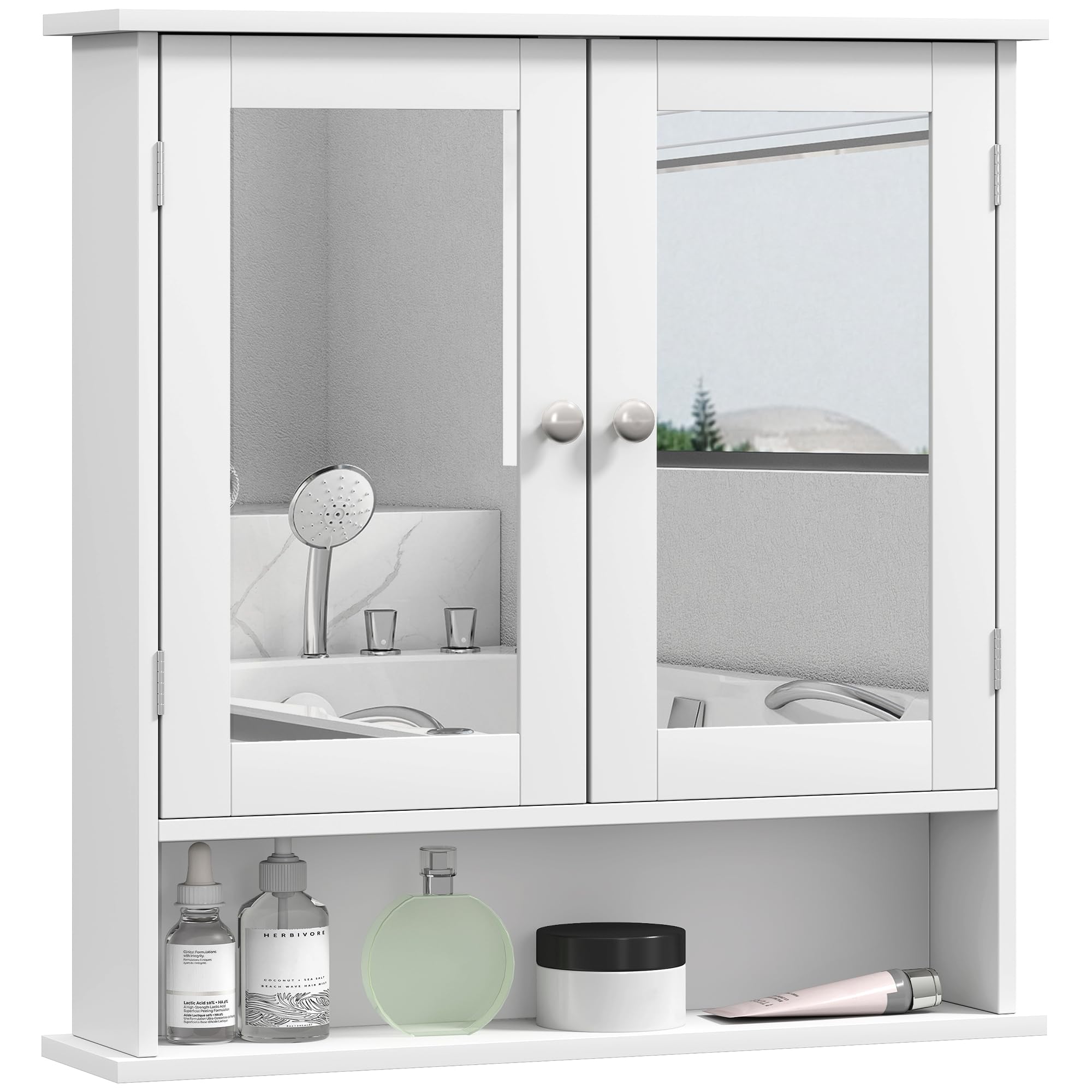 kleankin Mirror Cabinet Wall Mounted with Double Mirrored Doors, Hanging Cabinet with Cupboard and Shelf, Bathroom Wall Storage Organiser, White
