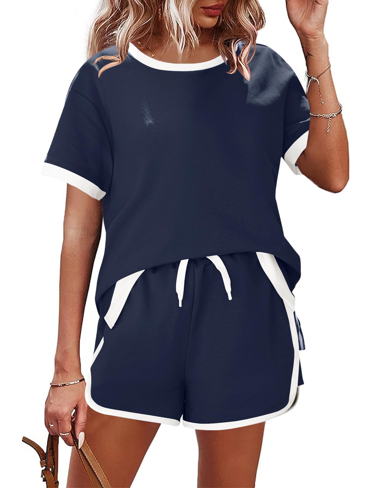 AKEWEI Shorts Sets Women 2 Piece Outfits Casual Short Sleeve Crewneck Tops and Drawstring Shorts Color Block Sets