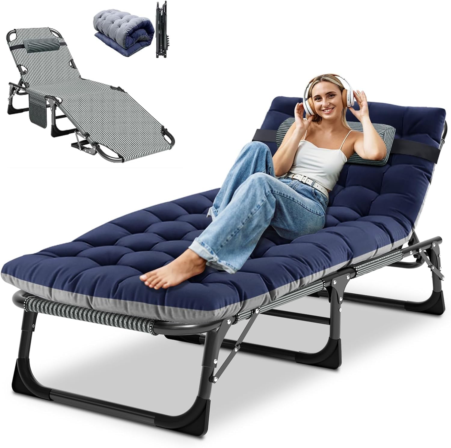 Folding Lounger, 200KG Belastbarkeit Klappbett Gästebett mit Matratze | mit Seitentaschen Kopfstütze, verstellbare Rückenlehne, Keine Montage erforderlich, geeignet für Garten, Sonnenbaden, Büro