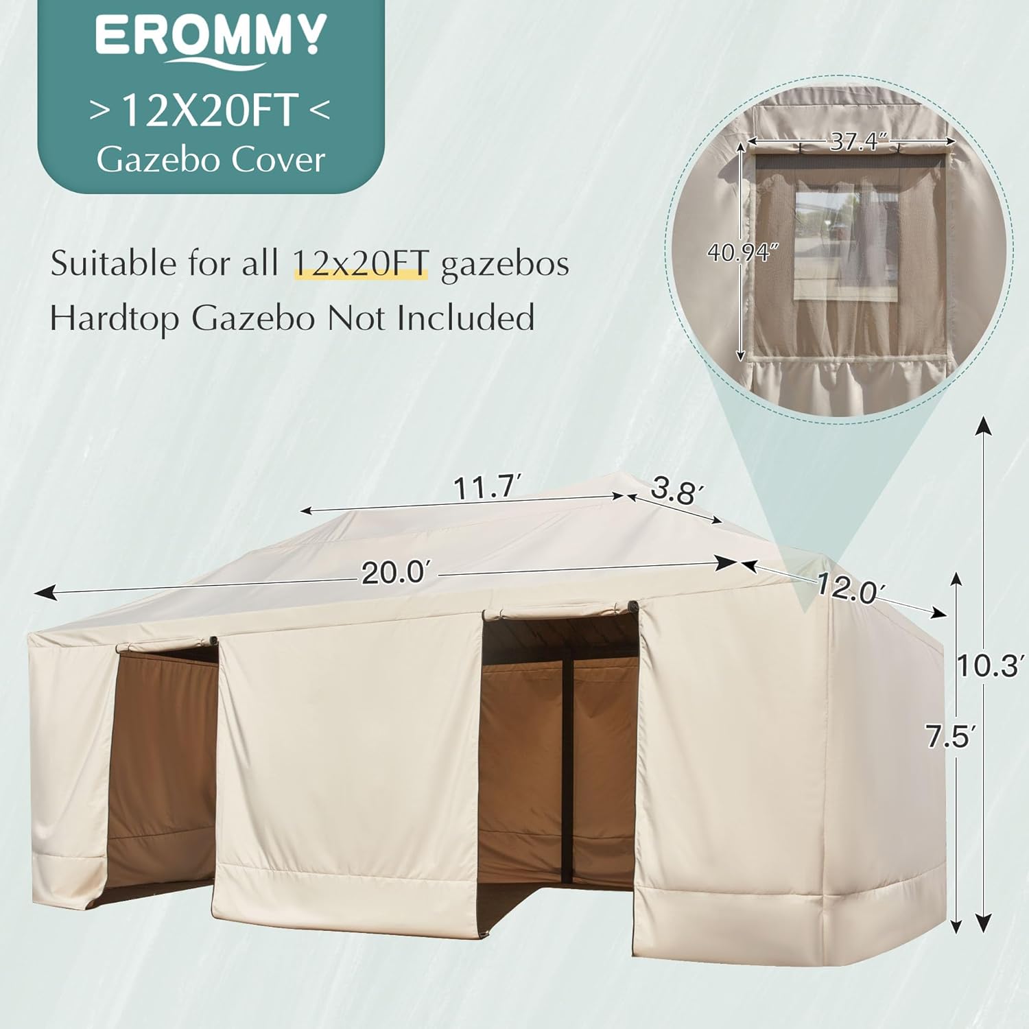 Diagram showing the dimensions of the EROMMY 12x20 Gazebo Cover, including length, width, height, and window measurements.