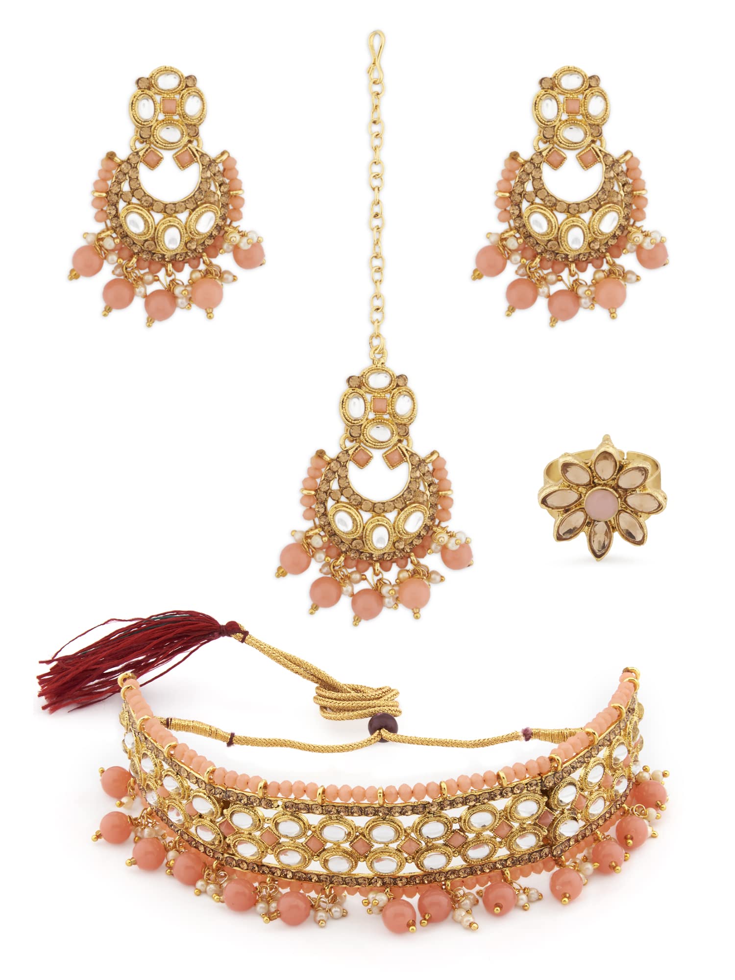 ZAVERI PEARLS Peach Beads Ethnic Choker Necklace Earring Maangtikka & Ring Set For Women-ZPFK18786 (B0DCSSPCFB) Amazon Price History, Amazon Price Tracker