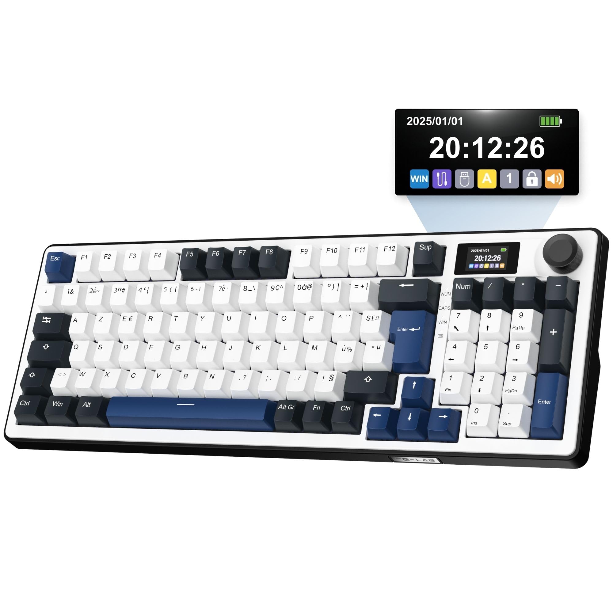 The G-Lab Keyz Elite 450 WB - Clavier Gamer sans Fil Ecran LCD RGB | AZERTY FR, Sans Fil Tri Mode 2.4GHz/Bluetooth/Filaire, Ecran LCD, Switch Mécanique Hot Swap Pré-lubrifiés, Gasket 5 Couches