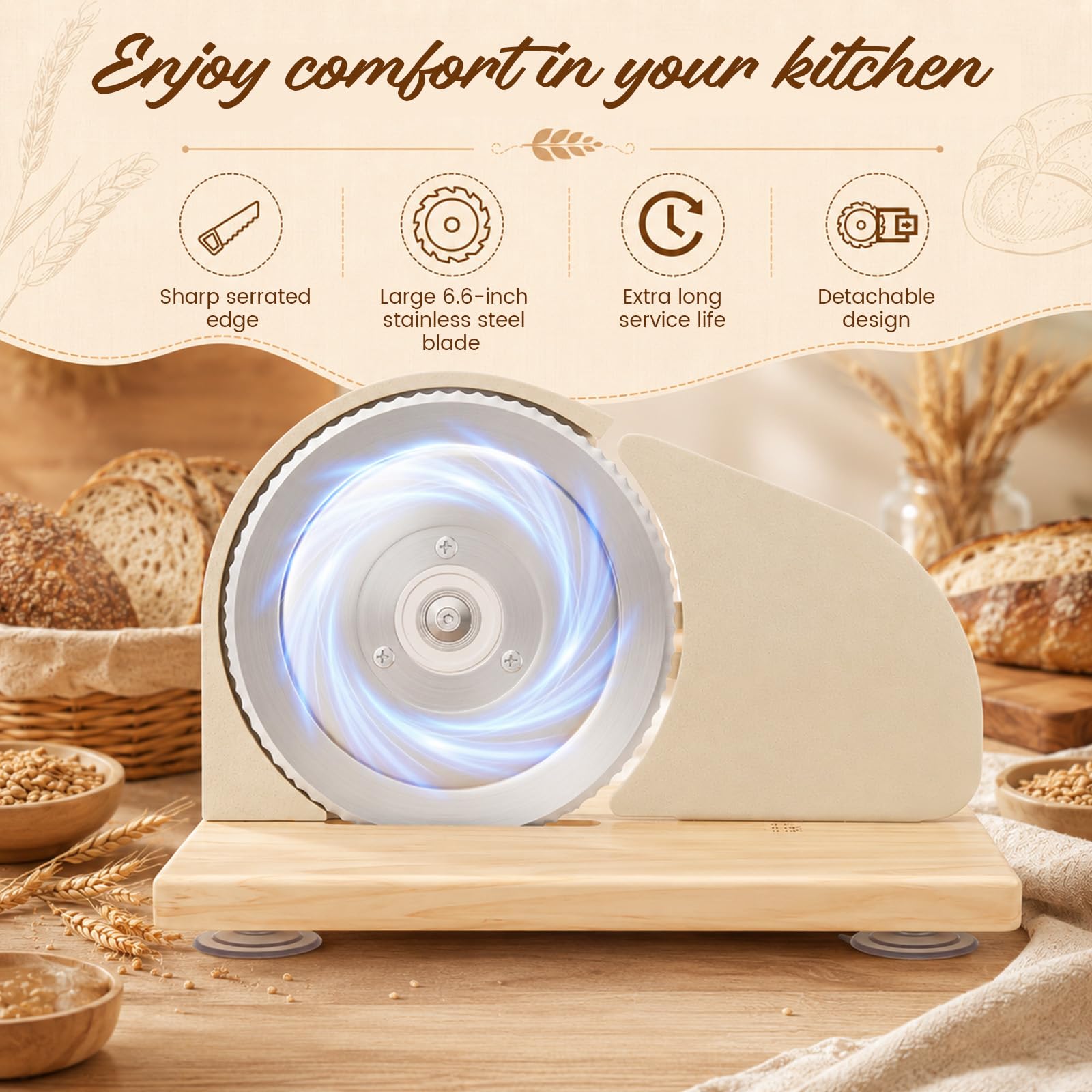 Affettatrice Manuale per Pane con Lama Acciaio, Spessore 0-28mm Regolabile | Affettatrice pane manuale–lama acciaio inox,spessore 0-28mm regolabile,manovella,base legno antiscivolo–per casa & panetteria