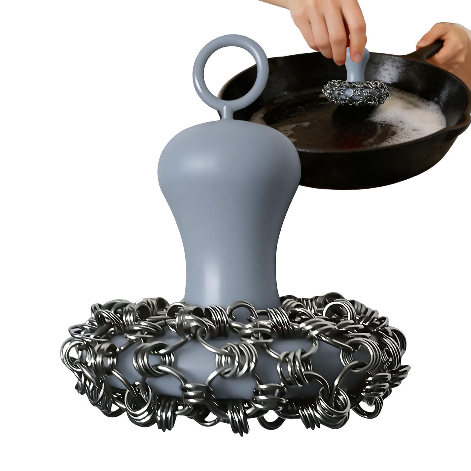 Estropajo para Sartén de Hierro Fundido Mango Ergonómico de Cadena Metálica