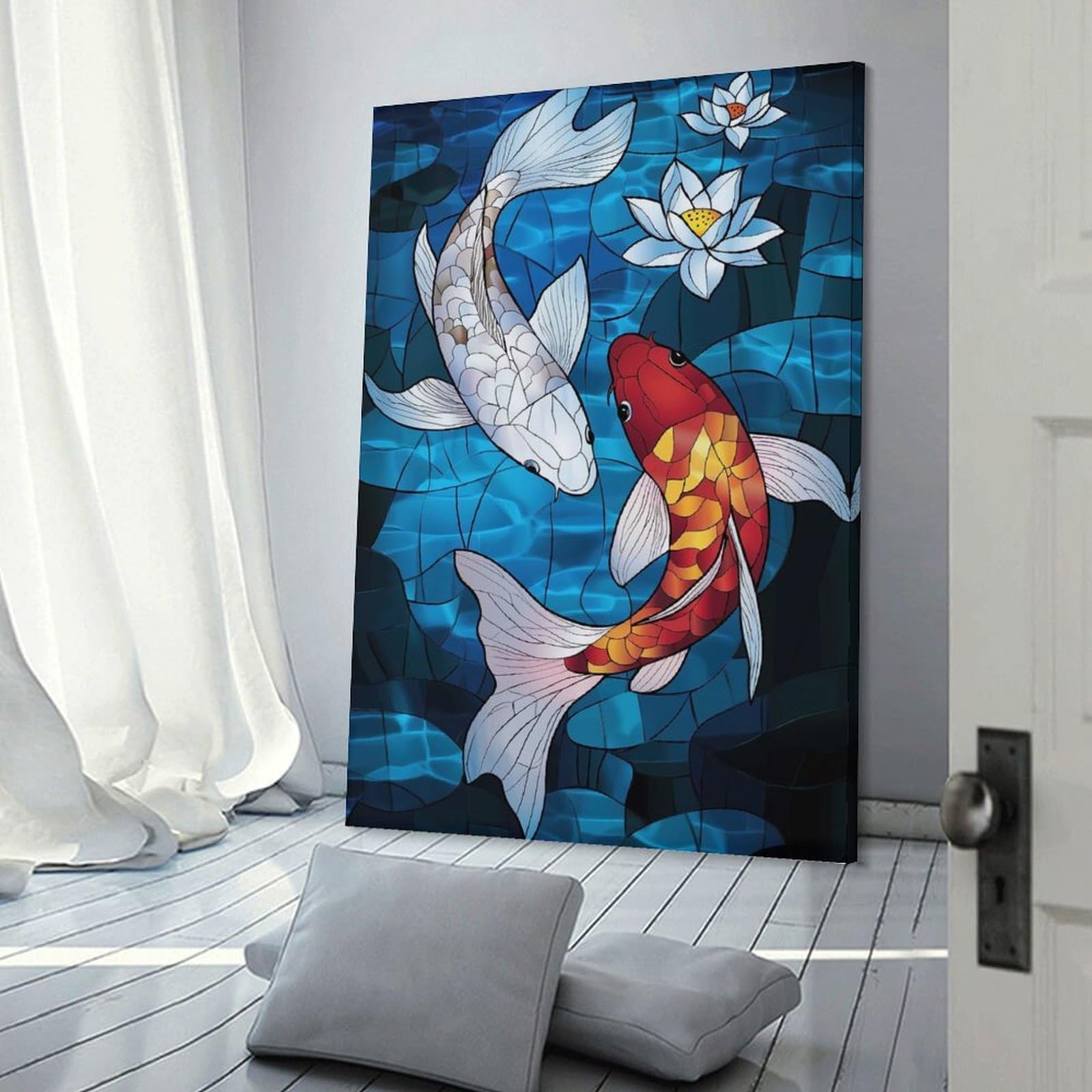 Junmoney Frame-Style-21 Koi Fish Stained Glass Canvas Wall Decor, 24X36inch(60X90cm), For Bedroom, Guest Room Or Reading Nook, Canvas Wall Decor For Personal Spaces