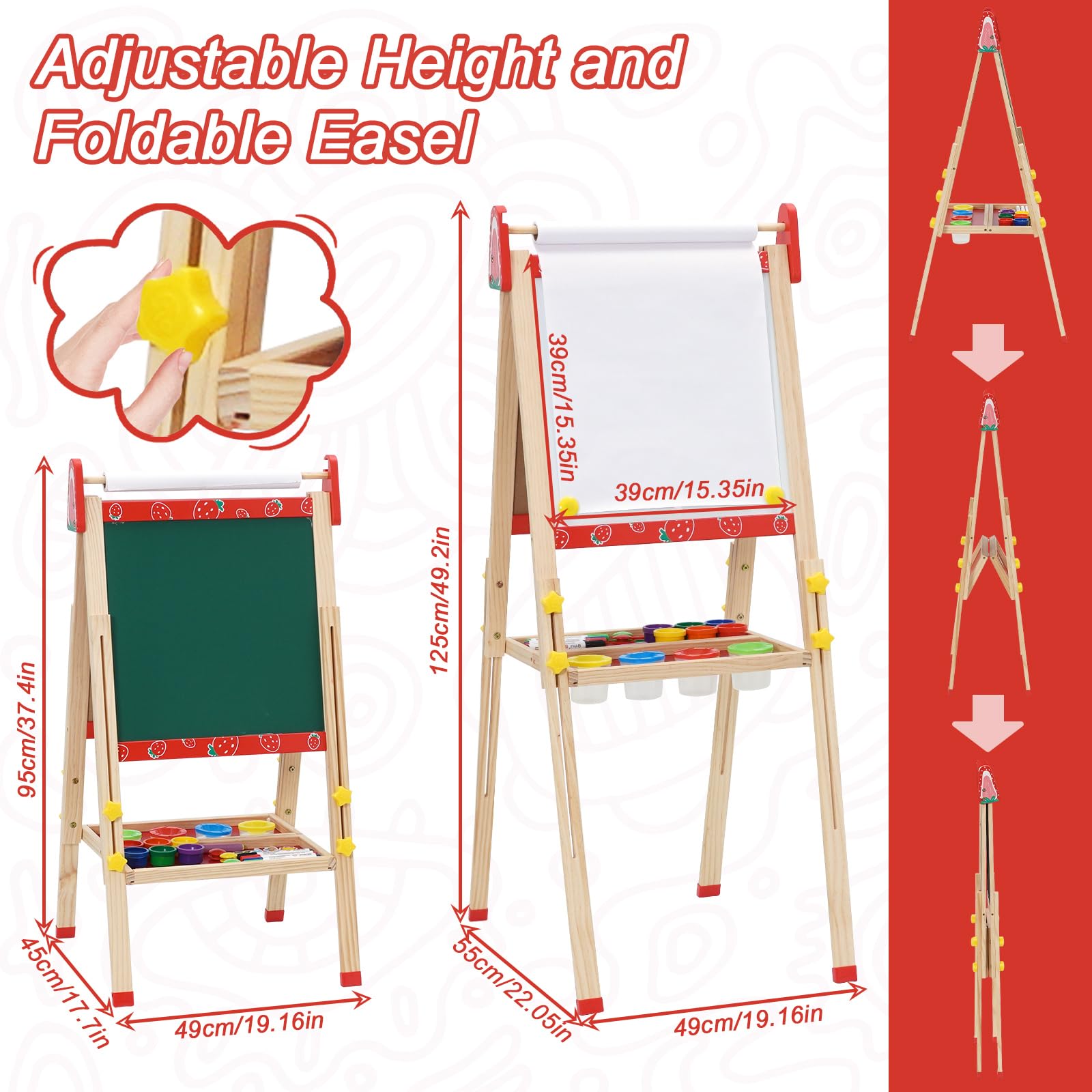 3 in 1 Lavagna per Bambini Cavalletto Pittura a Doppia Faccia con Rotolo di Carta, Altezza Regolabile 95-125cm Lavagna Pieghevole Multiattività con Vassoio di Stoccaggio e 100+ Accessoris da Disegno