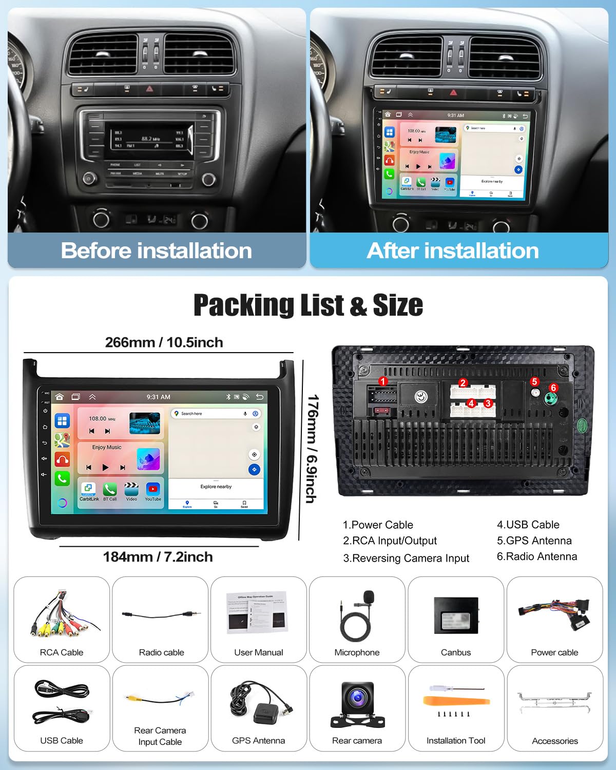 CAMECHO Upgrade 2+64G pour VW Polo 6R 6C 2008-2016 Autoradio, Carplay Android 15 Navi Écran Tactile 9" Wireless Car Play Android Auto/Bluetooth/Mirror Link/GPS/WiFi/Caméra de recul