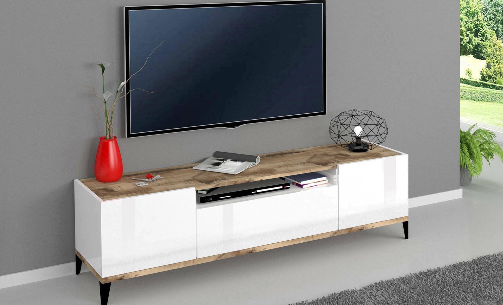 Dmora - Mobile porta TV Ivan, Credenza bassa da soggiorno a 2 ante, Base porta televisione, 100% Made in Italy, cm 160x40h47, Bianco lucido e Acero
