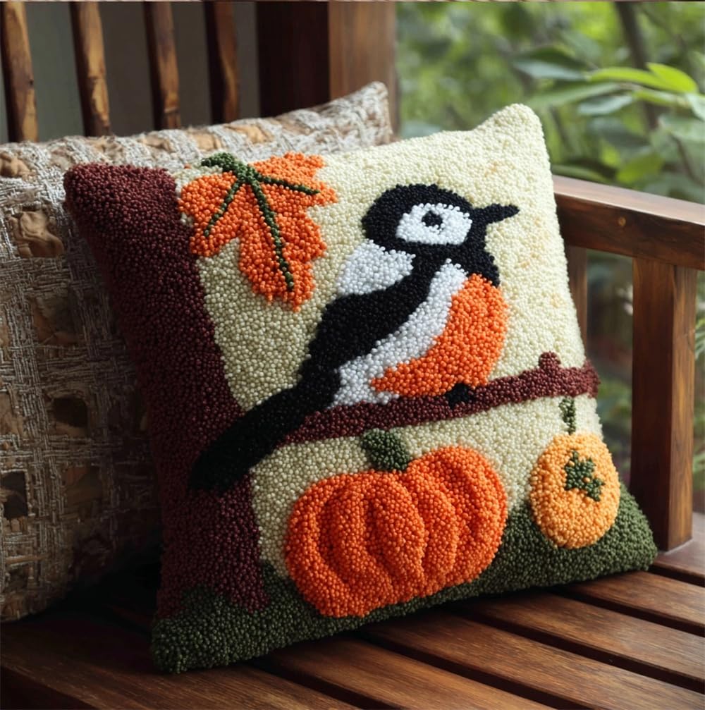 Taxpy Latch Hook Pillow Case Kits,Woodpecker and Pumpkin 17X17In
