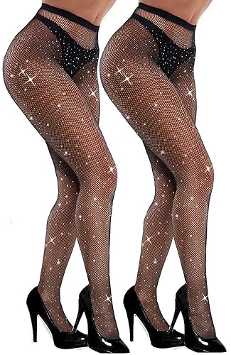 VEBZIN Sexy Sparkly Fishnets Stockings Jeweled High Waist Fishnet Tights for Women Rhinestone Party Pantyhose - One Size - 2 Pack Black No Holes