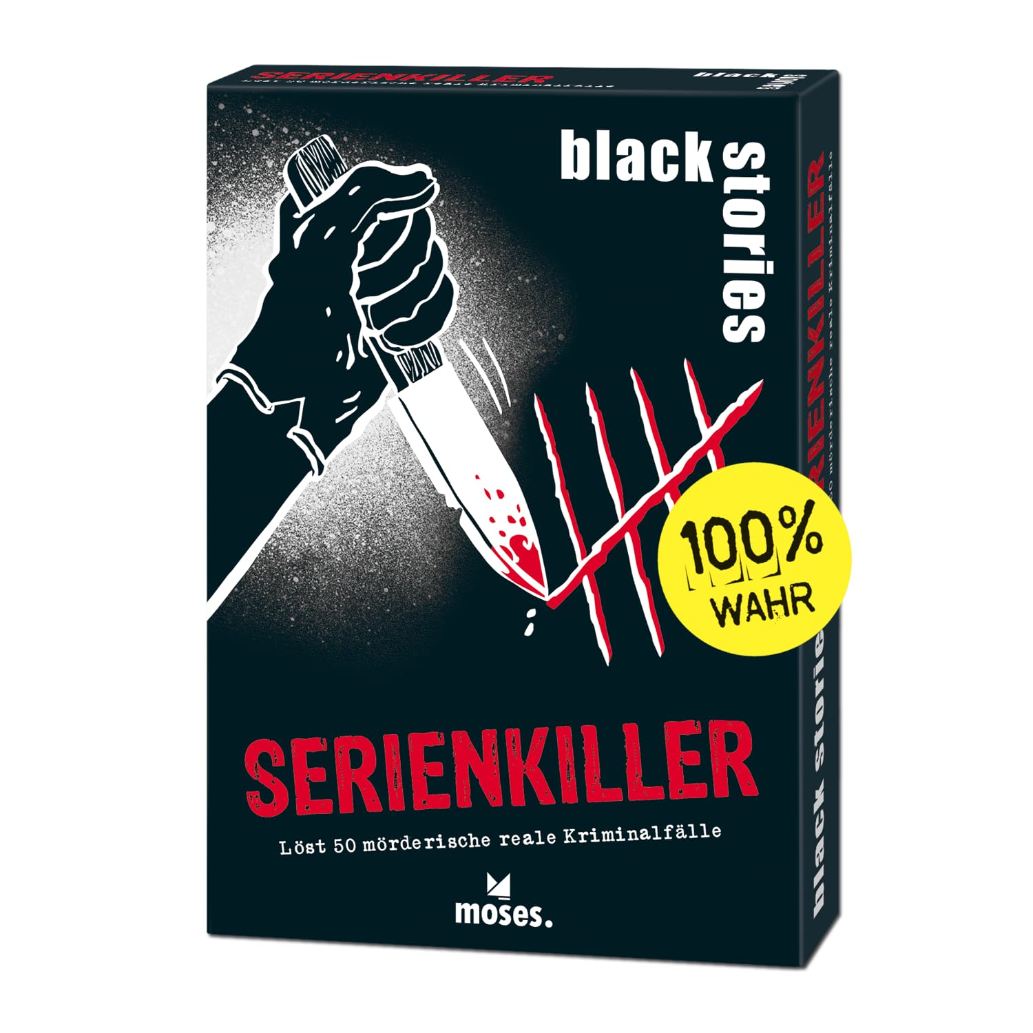 moses 90190 Black Stories Serial Killer 50 Puzzles about Murderous Real Crime Cases, Crime Card Game with Game Variant and Score Chips, Puzzle Game for Teenagers and Adults, White