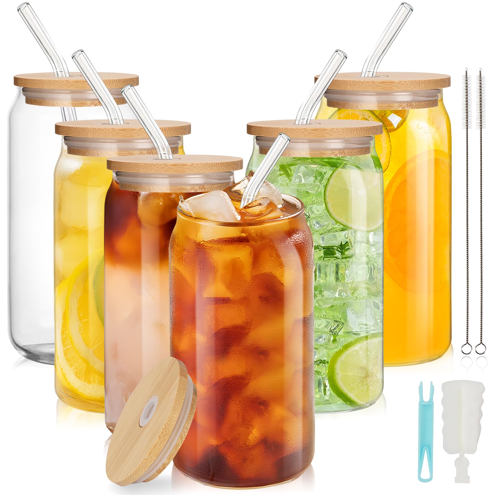6 Pack Iced Coffee Cups, 16oz Reusable Drinking Glass Tumbler with Lids and Straws, Can Shaped Glasses for Smoothie, Milkshake, Cocktail, Soda, Gift for Coffe Lover, Dishwasher Safe