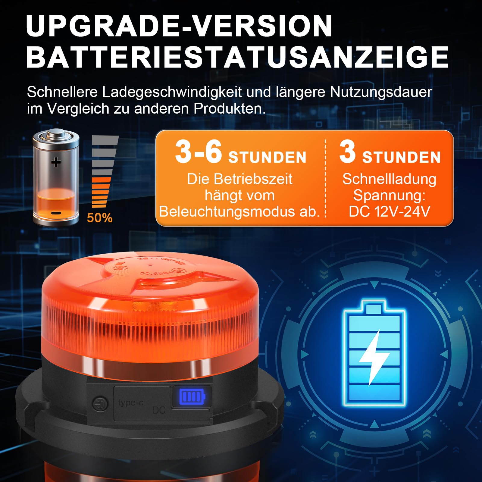 AnTom Rundumleuchte Akku mit Akkustandanzeige 9 Blitzmuster LED Rundumleuchte 12V Magnet Warnleuchte Gelb Autoladekabel und USB-Kabel für Auto Traktor SUV