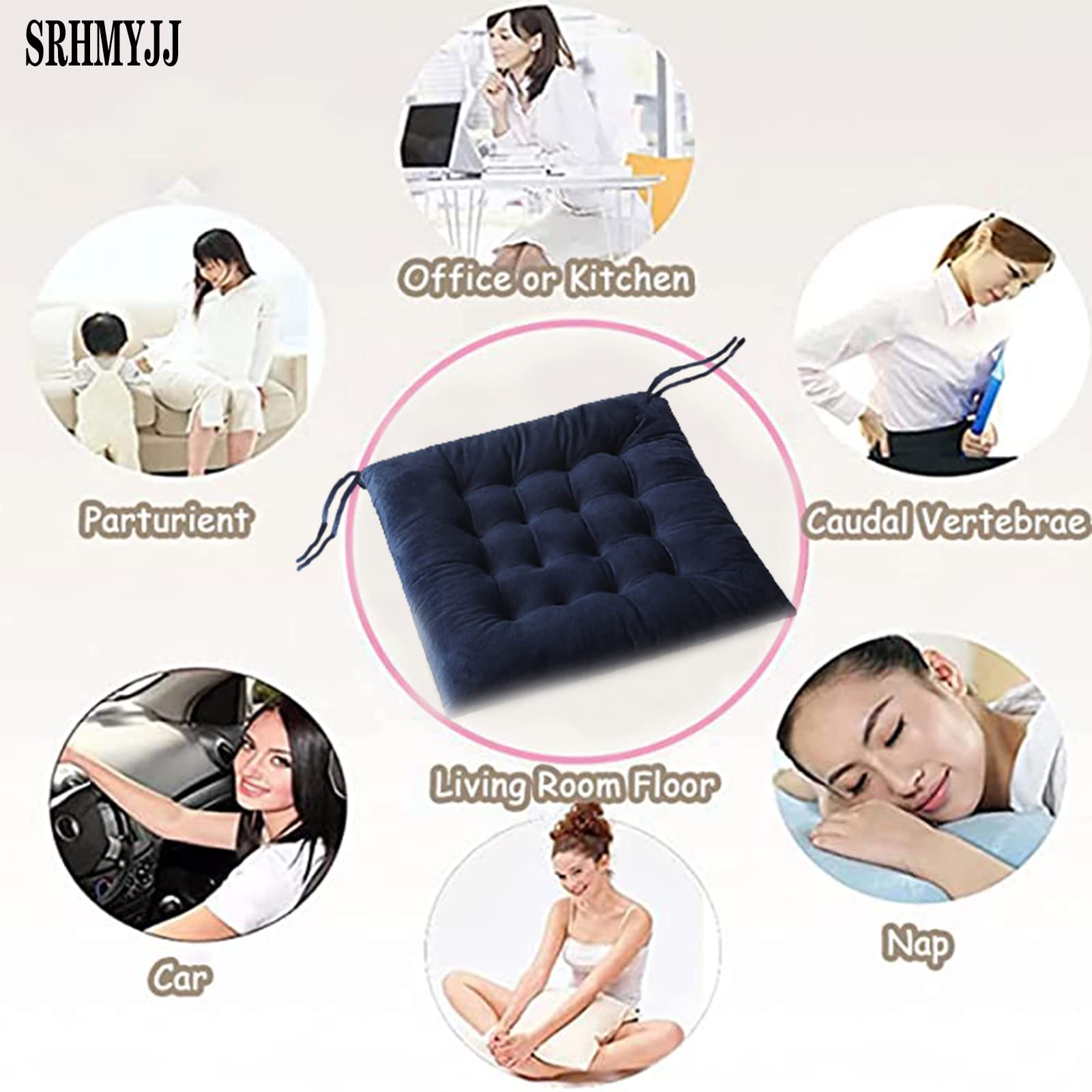 Set di 4 cuscini per sedie in velluto blu navy, 43 x 43 cm, con laccetti, antiscivolo, per ufficio e pavimenti in legno, comodi ed eleganti