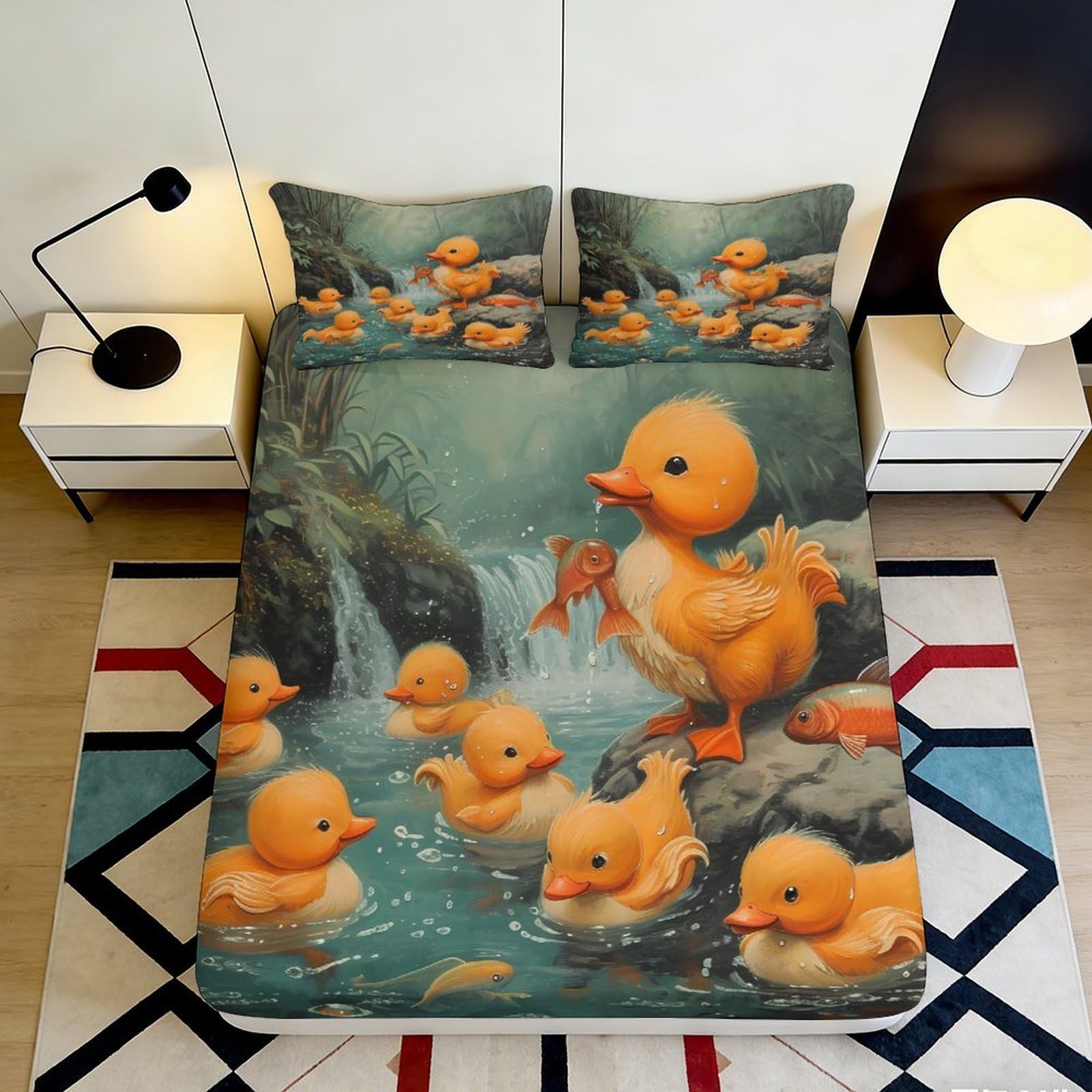 3D Printed Cute Duck Pond Fitted Sheet Microfiber Soft Mattress Cover Yellow Ducklings Bedroom Decor 180x200x25cm