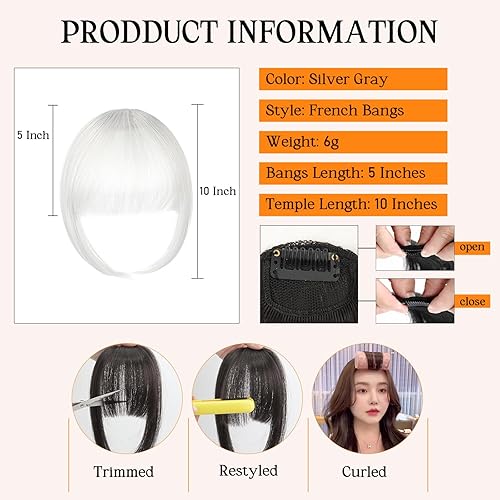 Miniatura 3 de Flequillo con clip de color gris plateado, extensiones de cabello 100% humano, flequillo falso de estilo francés para mujer, flequillo sintético