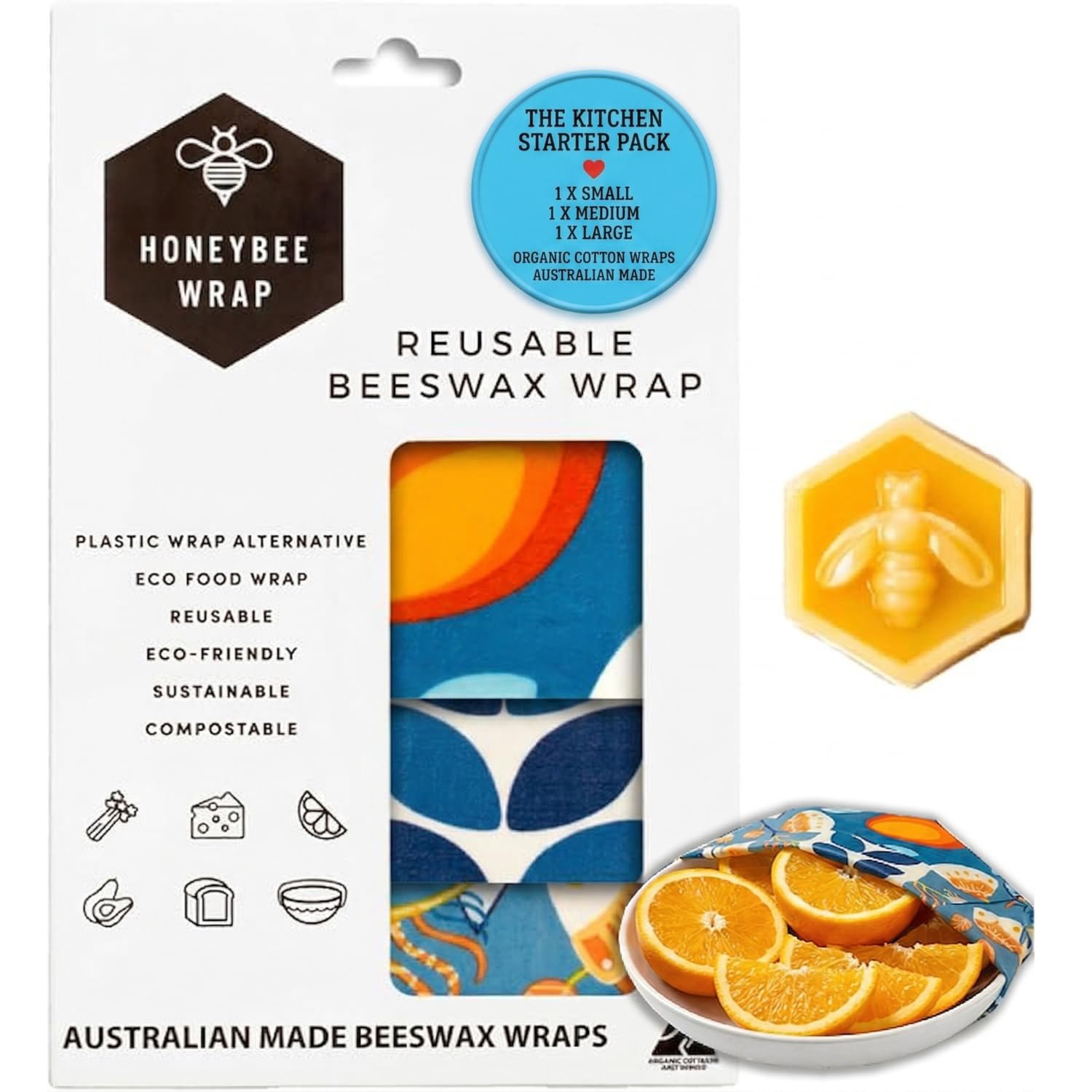 Honeybee Beeswax Wraps - Kitchen Starter Pack with Wax Replenish Block - Certified Organic Cotton Beeswax Wrap - Reusable Beeswax Food Wrap - 3 Pack - Small, Medium &amp; Large