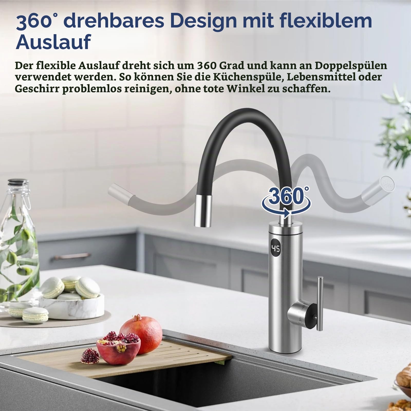 3300W Elektrischer Küchenwasserhahn mit Durchlauferhitzer – Sofort Warmwasser in 6s, 360° Drehbarer Edelstahl-Auslauf (304), LCD-Temperaturanzeige, Sicherheitsschutz, Einfache DIY-Installation