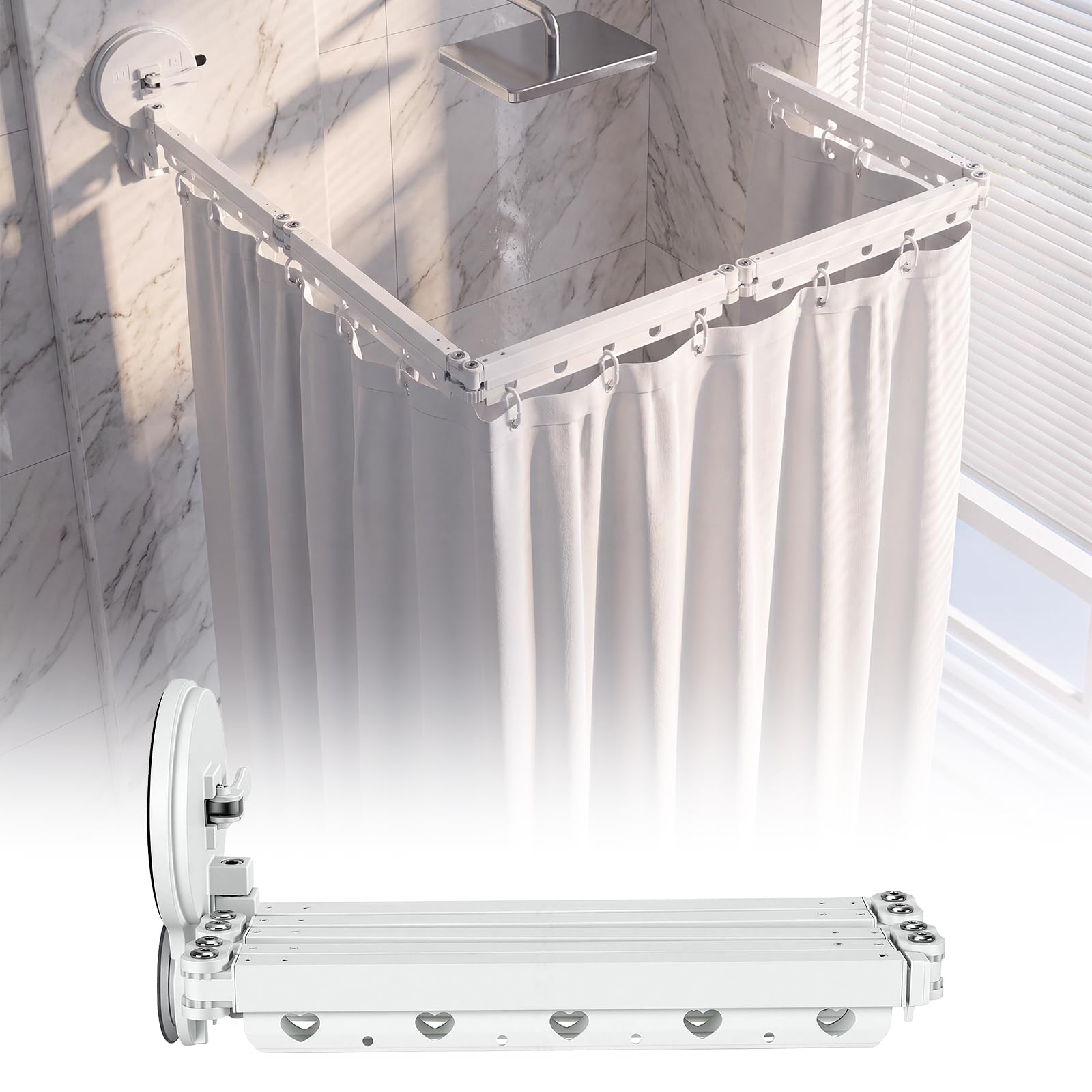 Duschvorhangstange Ohne Bohren, 2M Faltbare Duschstange mit 2 Starker Saugnäpfen, L/U Form Zusammenklappbar, Aluminium Duschstange für Badezimmer, Badewanne & Wäscheständer (Ohne Duschvorhang)