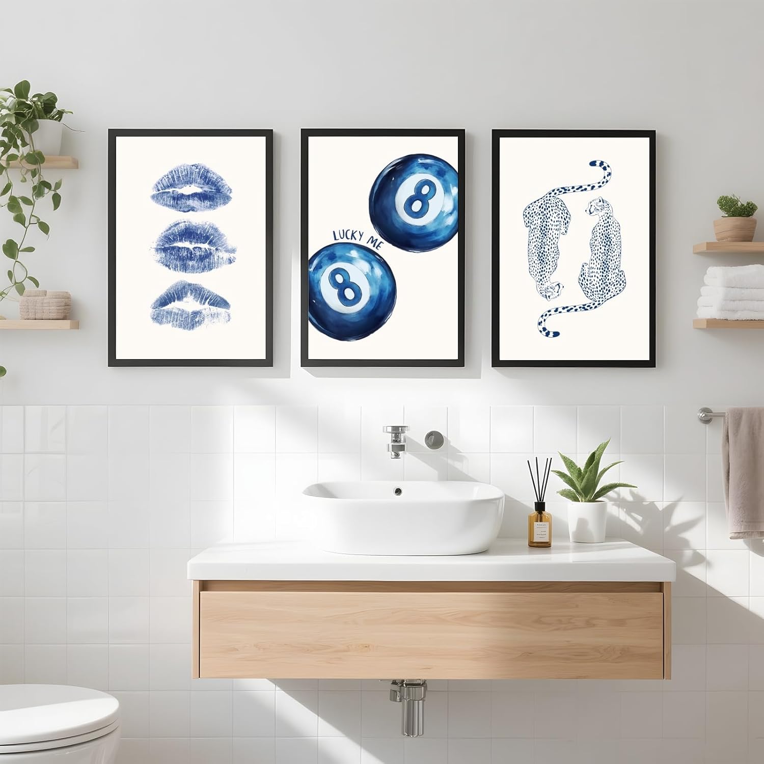 Framed Navy Cheetah Canvas Wall Art Set Retro 8 Ball Poster Blue Leopard Kiss Lips Print Trendy Preppy Aesthetic Dorm Room Decor Funky Blue Painting Picture for Apartment Bedroom 8x12inch