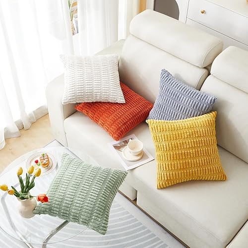 Miniatura 5 de Sunday Praise Paquete de 2 fundas de almohada decorativas de pana de 18 x 18 pulgadas, fundas de almohada cuadradas de rayas bohemias suaves para