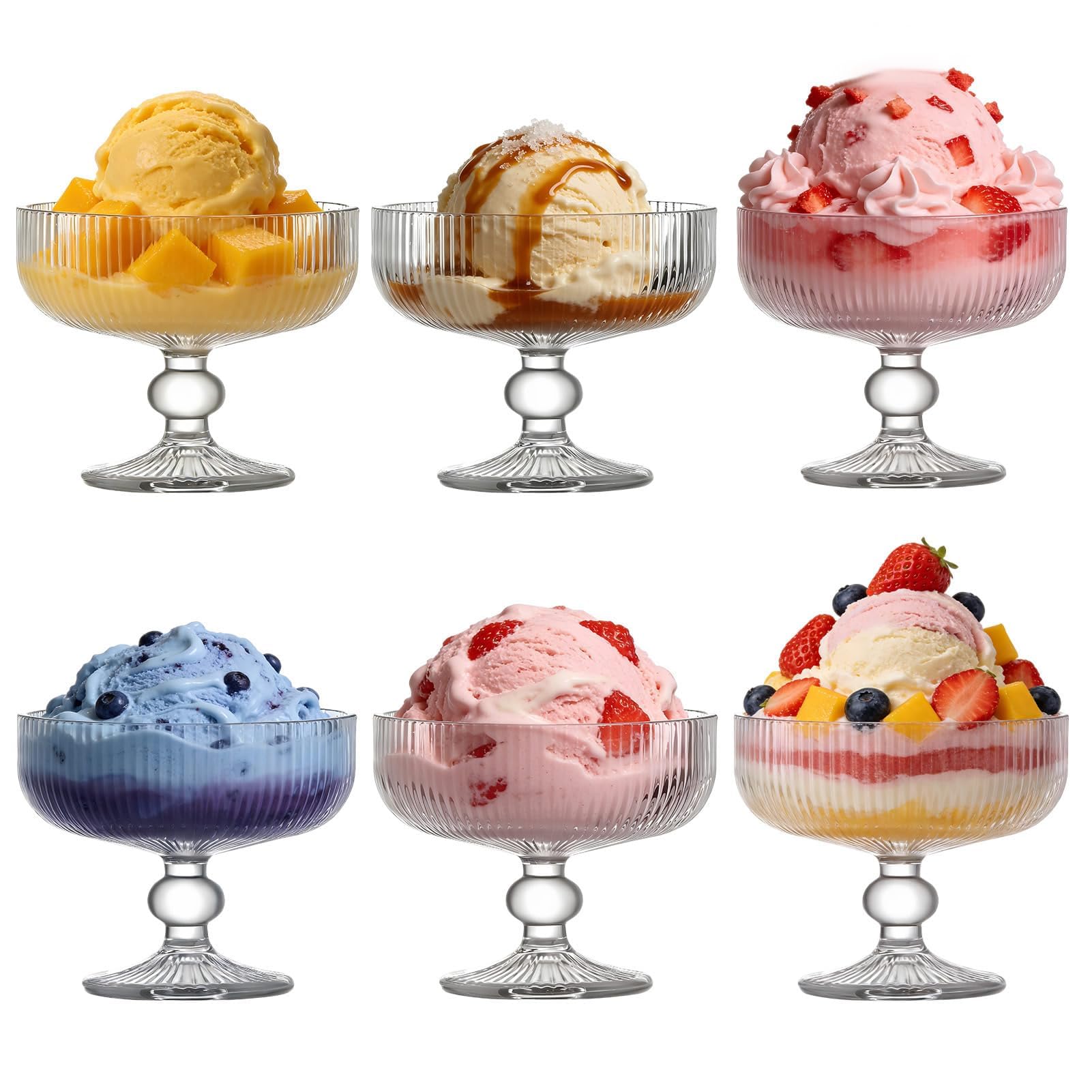 MYKAGS Set of 6 Dessert Bowls, 320 ML Vintage Striped Embossed Glass Dessert Bowls—Elegant and Durable, Perfect for Ice Cream, Salads and Sweets.