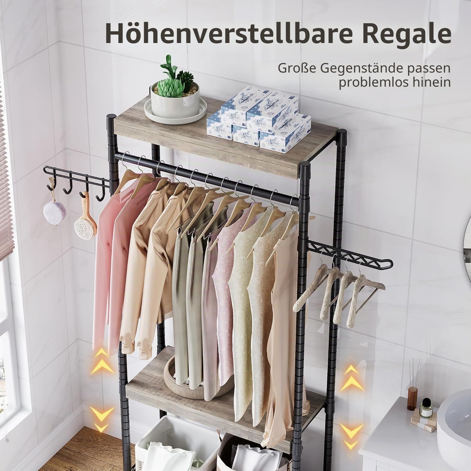 Litake Waschmaschinenregal ohne Bohren, Toilettenregal mit Ablage Aufhängestange Und Haken Badezimmerregal Garderobenständer Platzsparender W79 x D30x H188cm Metall Schwarz+ Grau