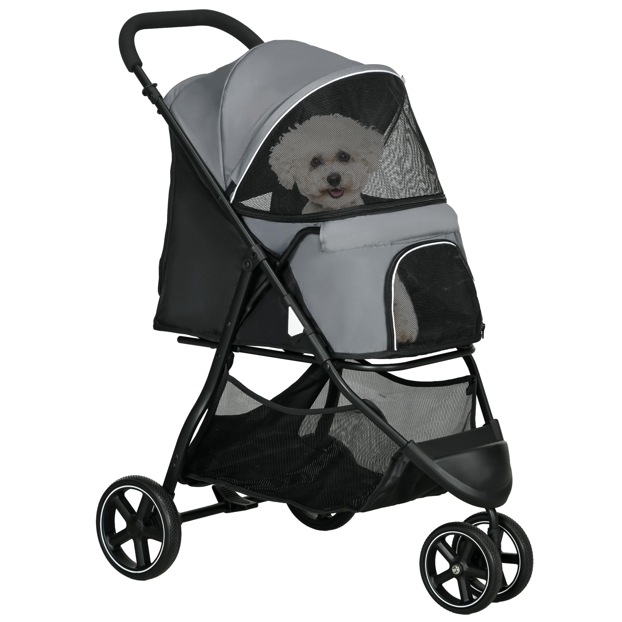 PawHut - Cochecito para perros (cochecito para gatos, mascotas, plegable, 2 correas, ruedas EVA, manillar ajustable, cesta, 83 x 55 x 101 cm), color gris
