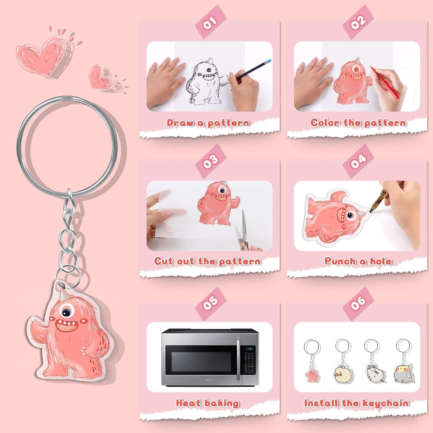WOOWAIR 225 Pezzi Set di Fogli in Plastica Termoretraibile, 20x14,5cm Magica Shrink Plastic include 25 Fogli di Carta Termoretraibile e 100 Portachiavi con Catenine per Artigianale Creativa Fai da Te
